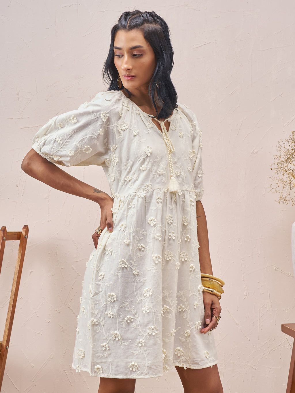 Vara By Vishudh Women White Embroidered A-Line Dress - White - Image 6