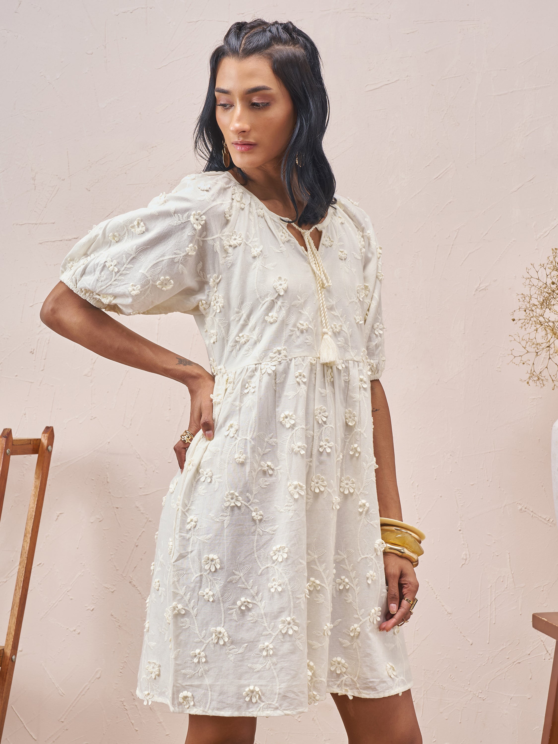 Vara By Vishudh Women White Embroidered A-Line Dress - White - Image 6