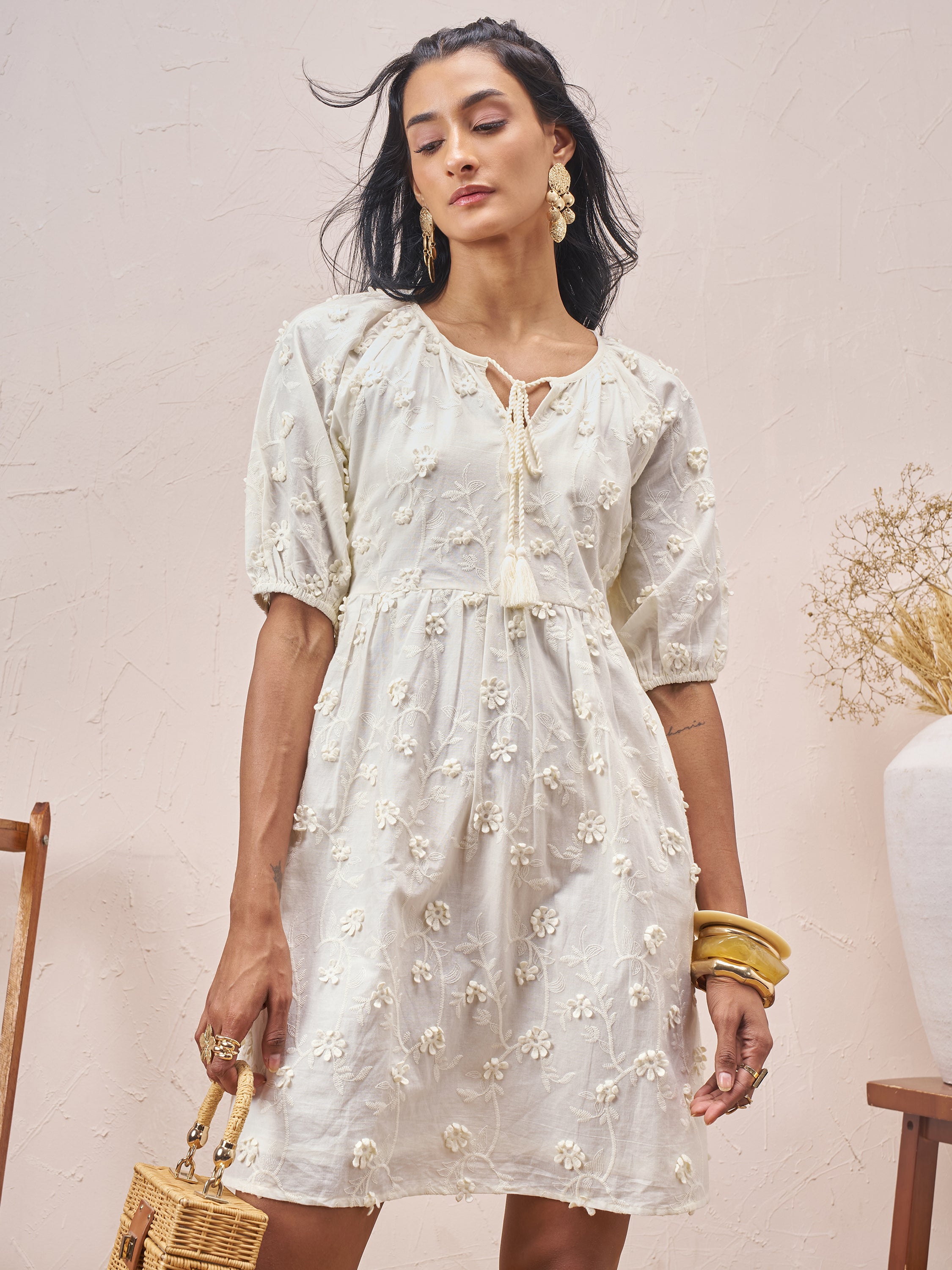 Vara By Vishudh Women White Embroidered A-Line Dress - White - Image 7
