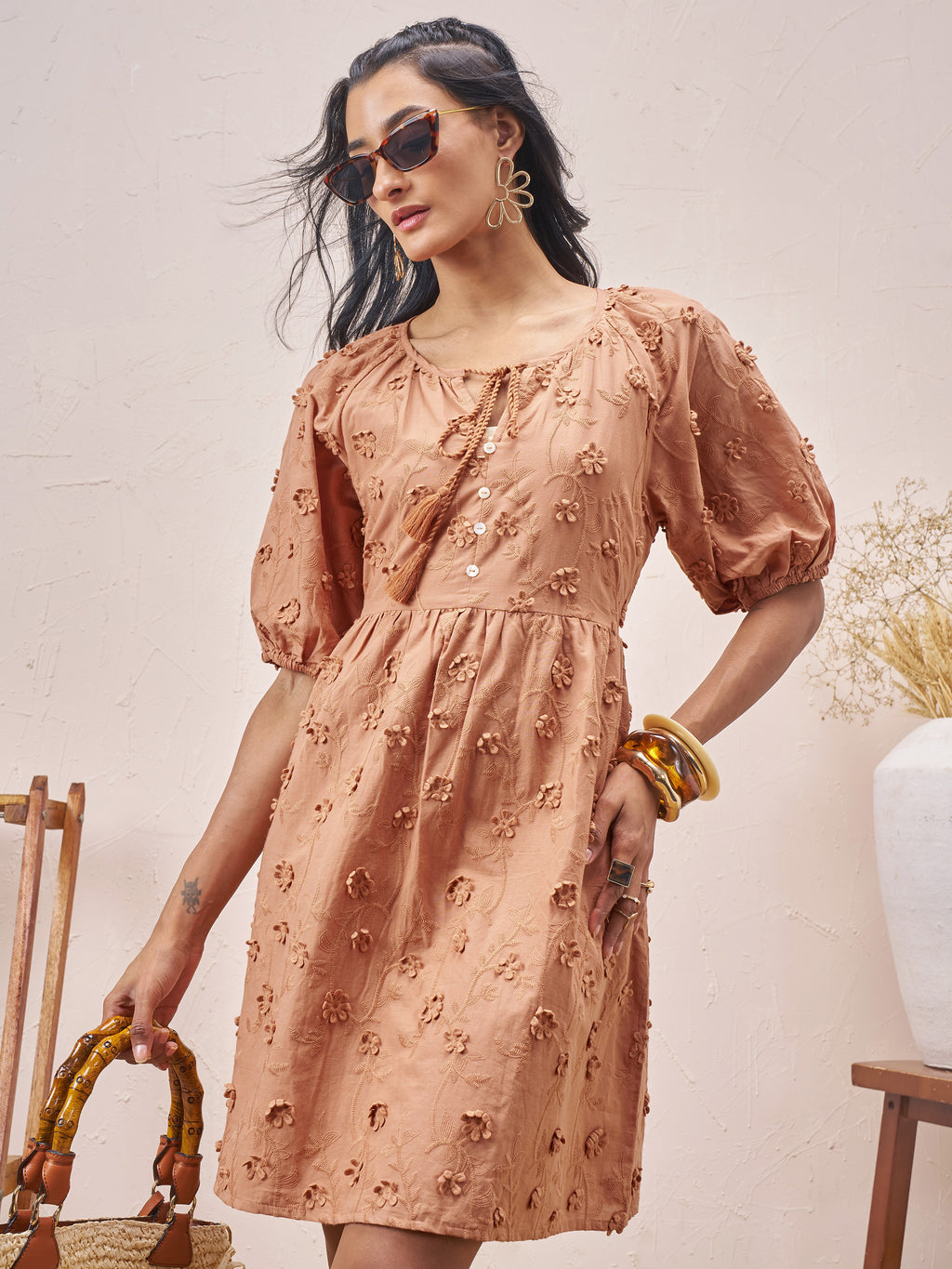 Vara By Vishudh Women Brown Embroidered A-Line Dress - Brown - Image 1