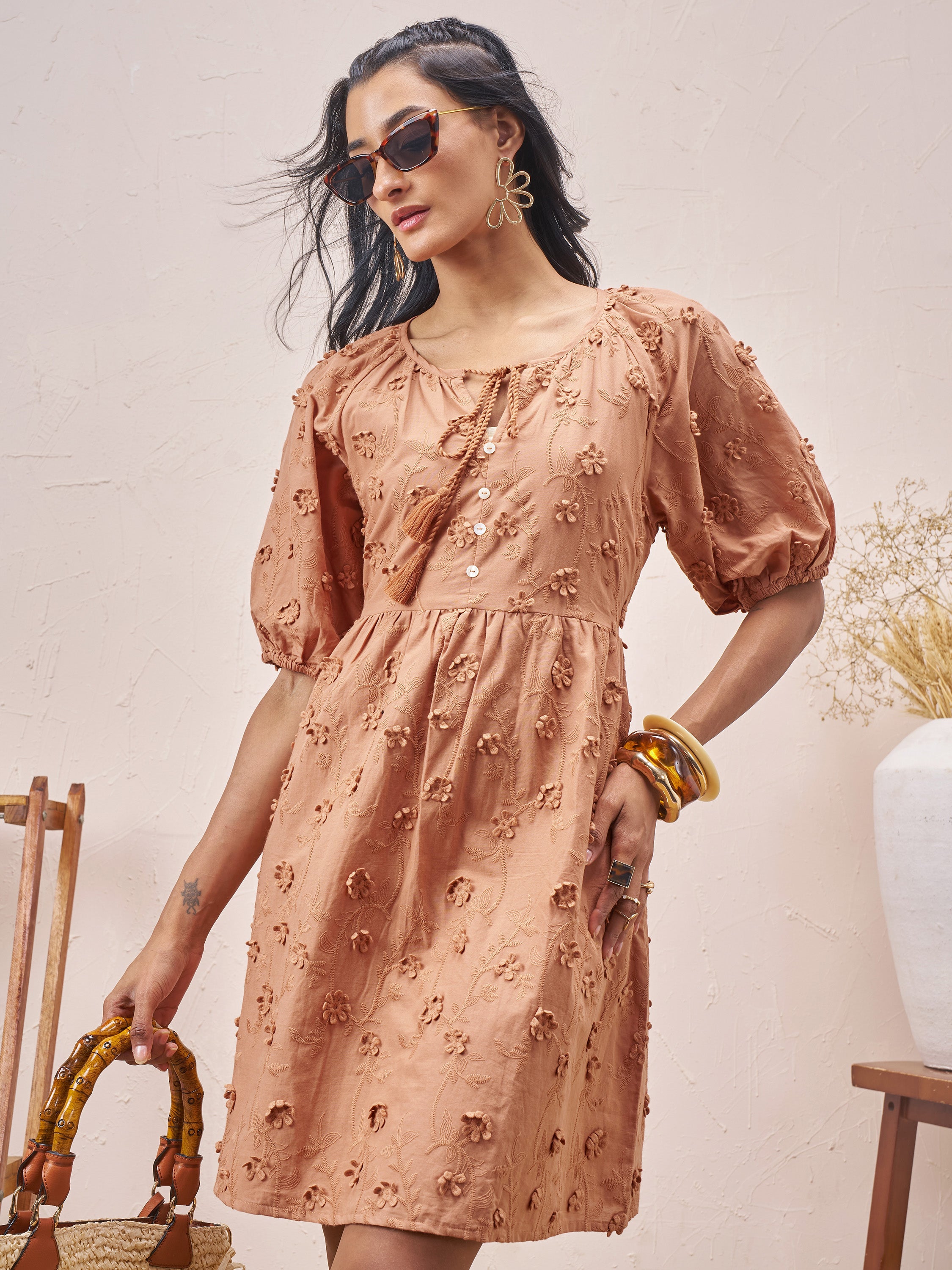 Vara By Vishudh Women Brown Embroidered A-Line Dress - Brown - Image 1