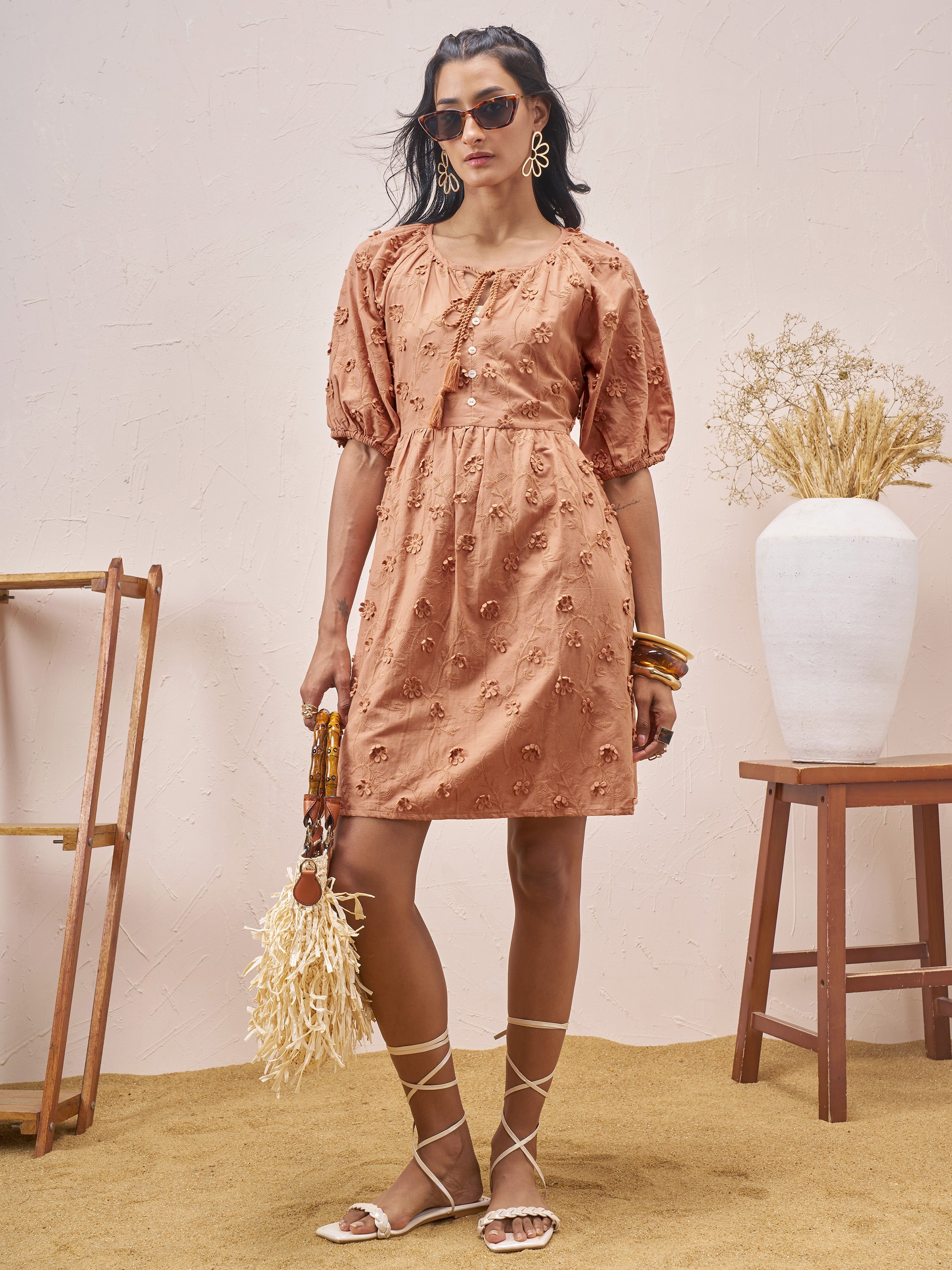 Vara By Vishudh Women Brown Embroidered A-Line Dress - Brown - Image 2