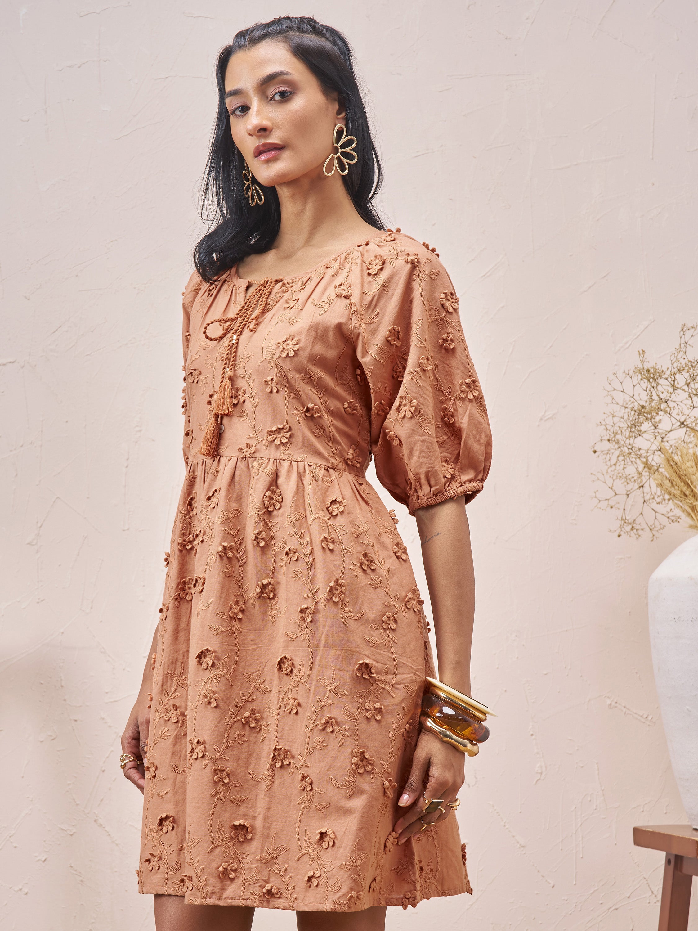 Vara By Vishudh Women Brown Embroidered A-Line Dress - Brown - Image 4