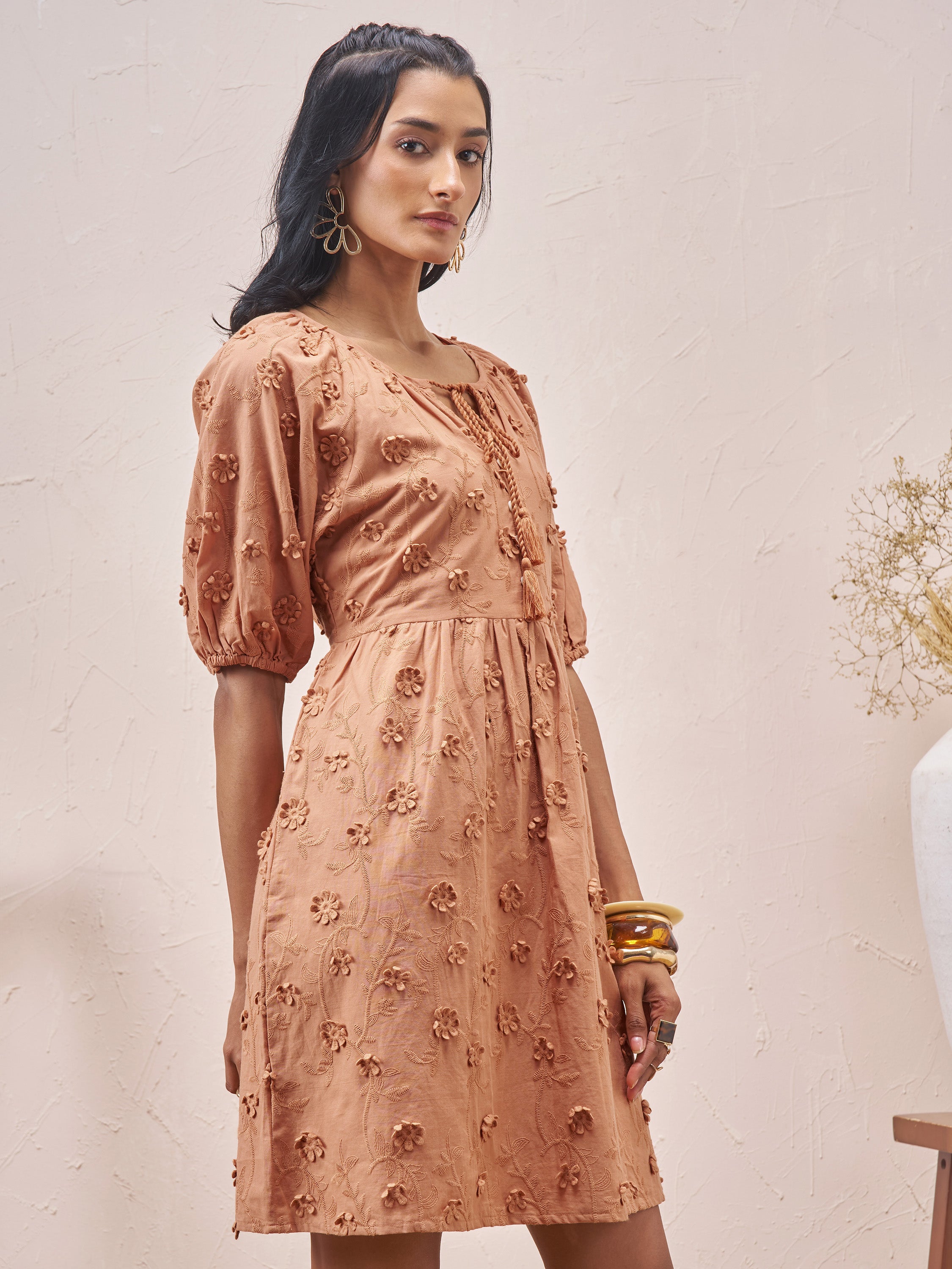 Vara By Vishudh Women Brown Embroidered A-Line Dress - Brown - Image 6
