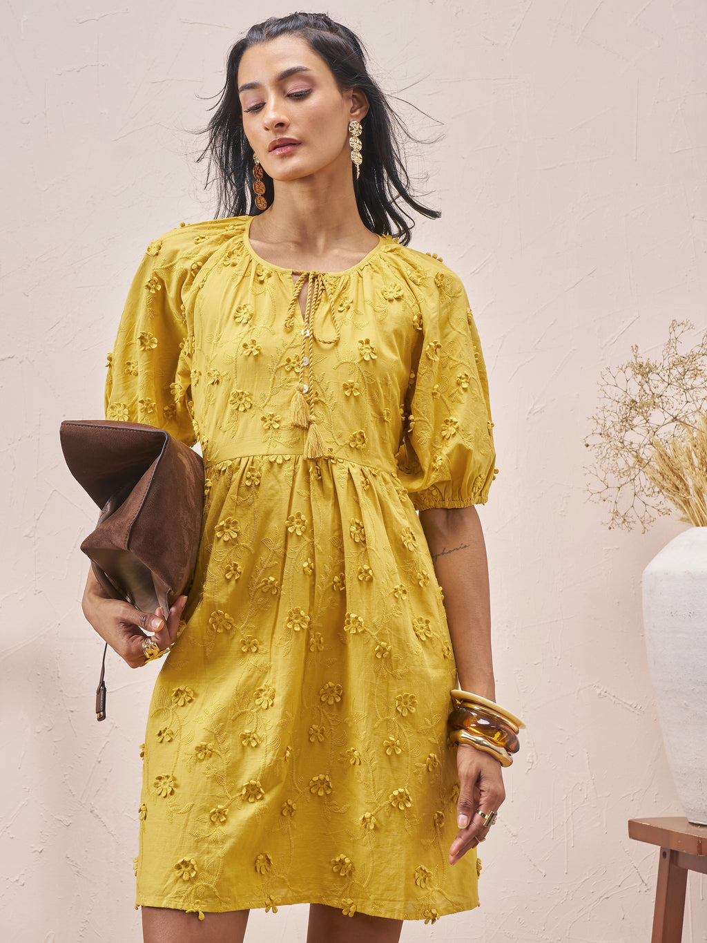 Vara By Vishudh Women Mustard Embroidered A-Line Dress - Mustard - Image 1