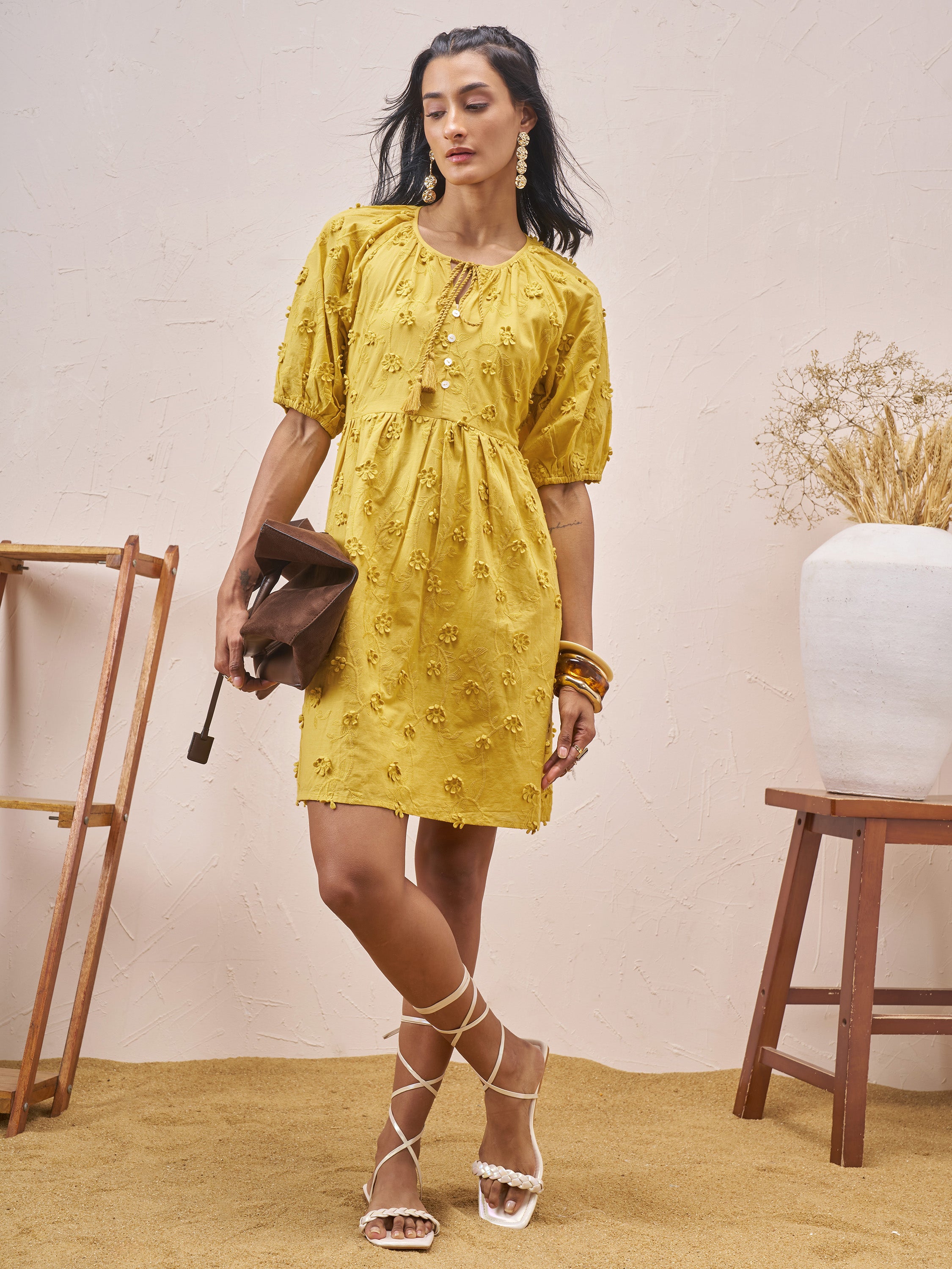 Vara By Vishudh Women Mustard Embroidered A-Line Dress - Mustard - Image 2