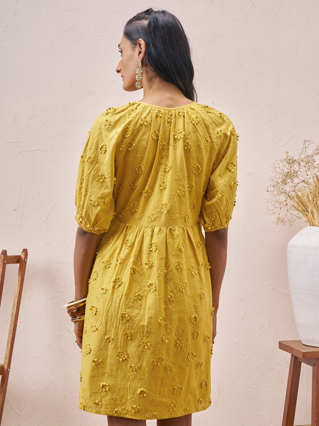 Vara By Vishudh Women Mustard Embroidered A-Line Dress - Mustard - Image 3