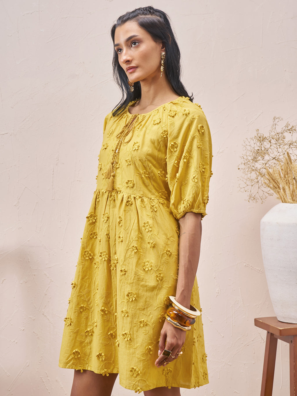Vara By Vishudh Women Mustard Embroidered A-Line Dress - Mustard - Image 4