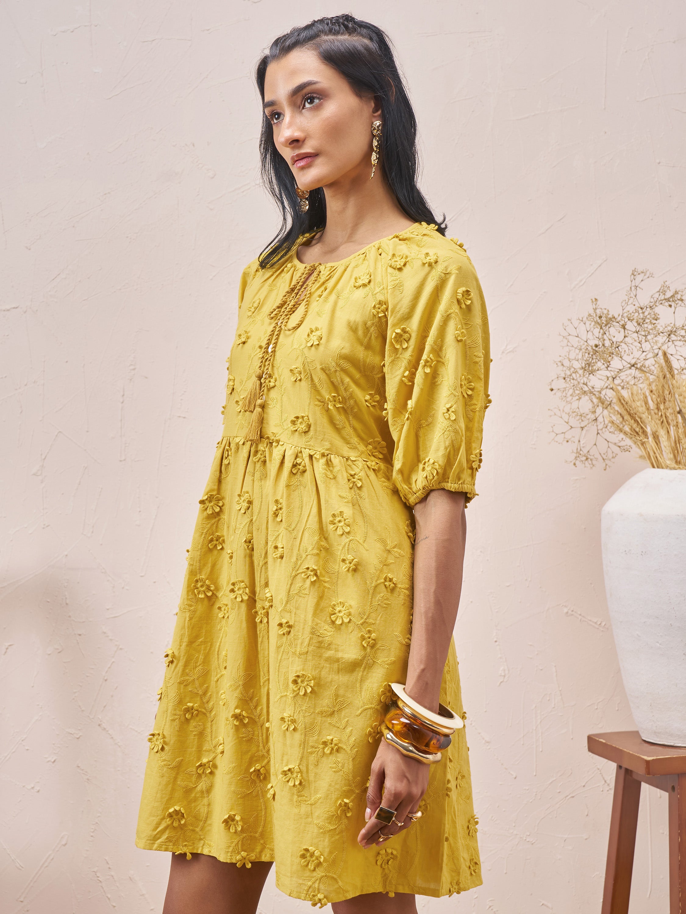 Vara By Vishudh Women Mustard Embroidered A-Line Dress - Mustard - Image 4