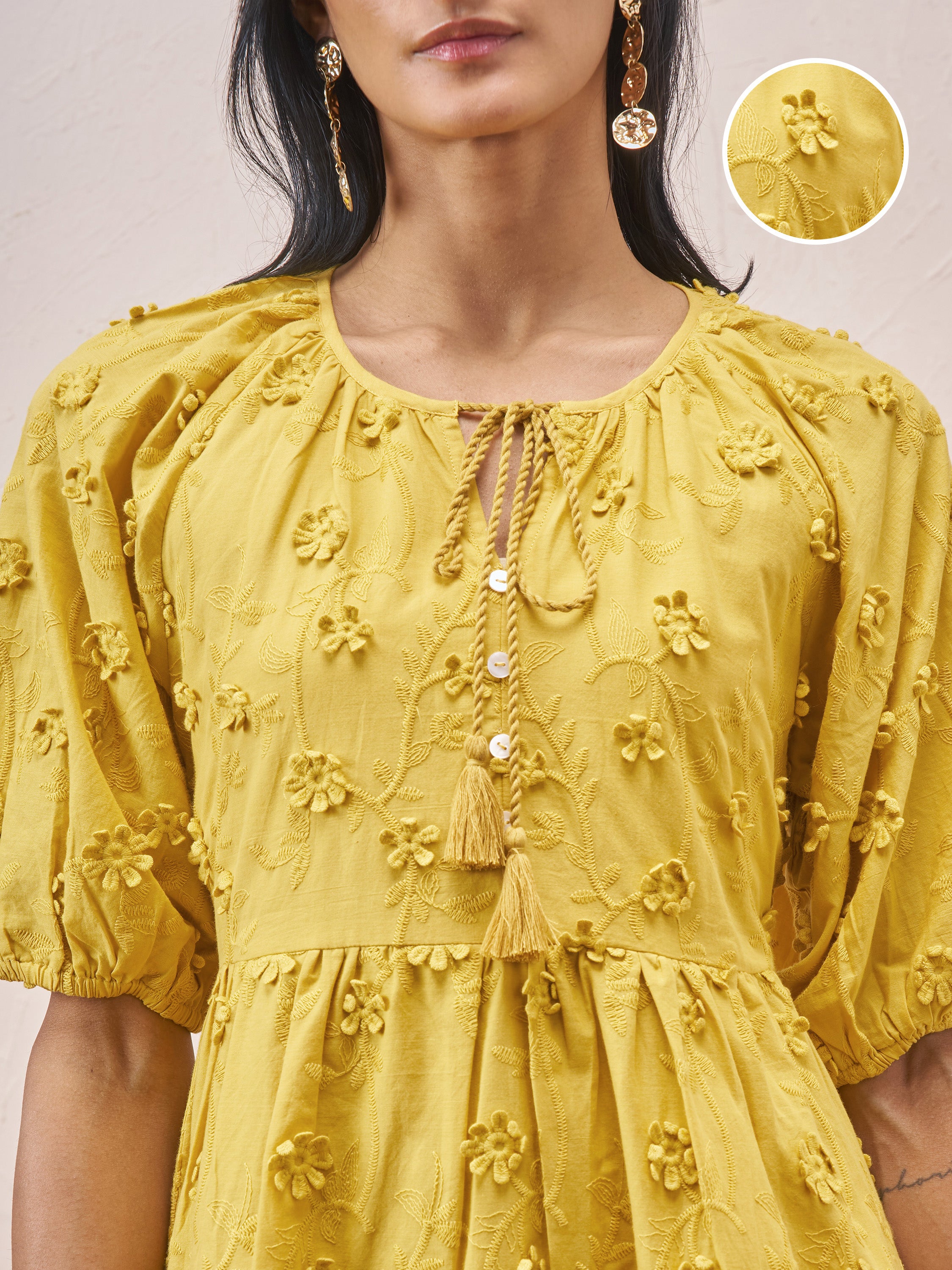Vara By Vishudh Women Mustard Embroidered A-Line Dress - Mustard - Image 5