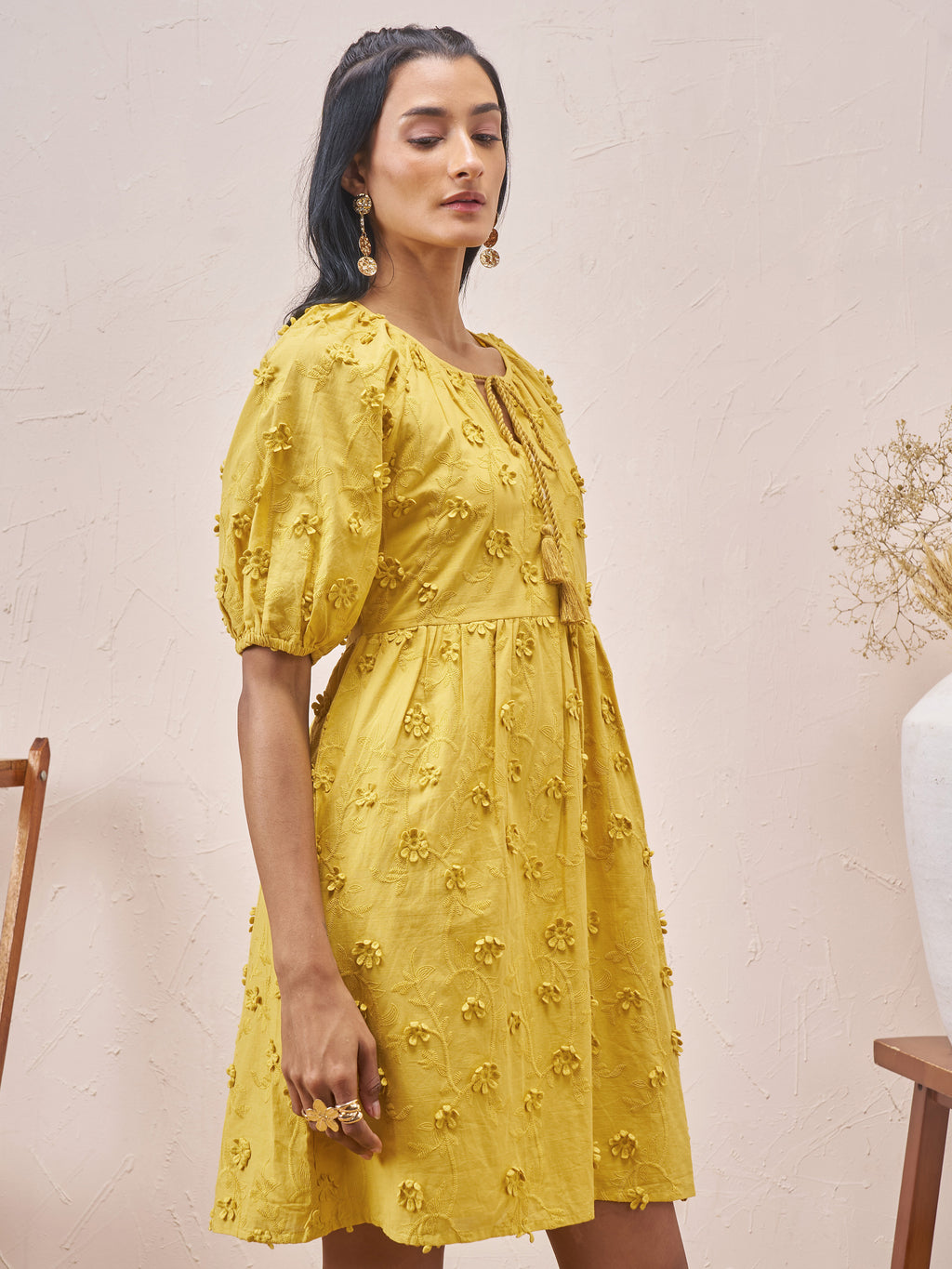 Vara By Vishudh Women Mustard Embroidered A-Line Dress - Mustard - Image 6