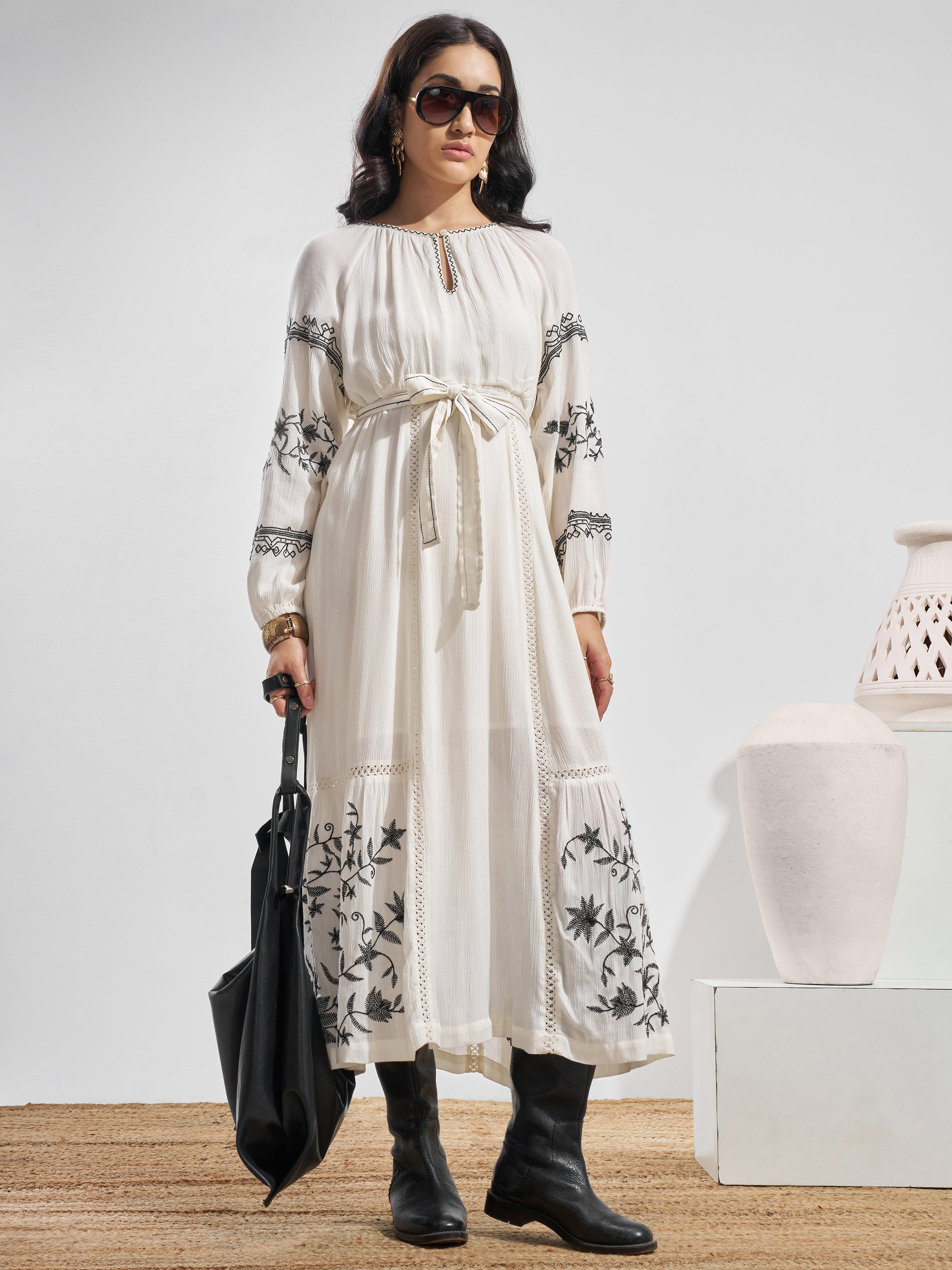 Vara By Vishudh Women Off White Embroidered Maxi Dress - Off White - Image 1