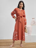 Vara By Vishudh Women Rust Embroidered Maxi Dress - Rust - Image 1