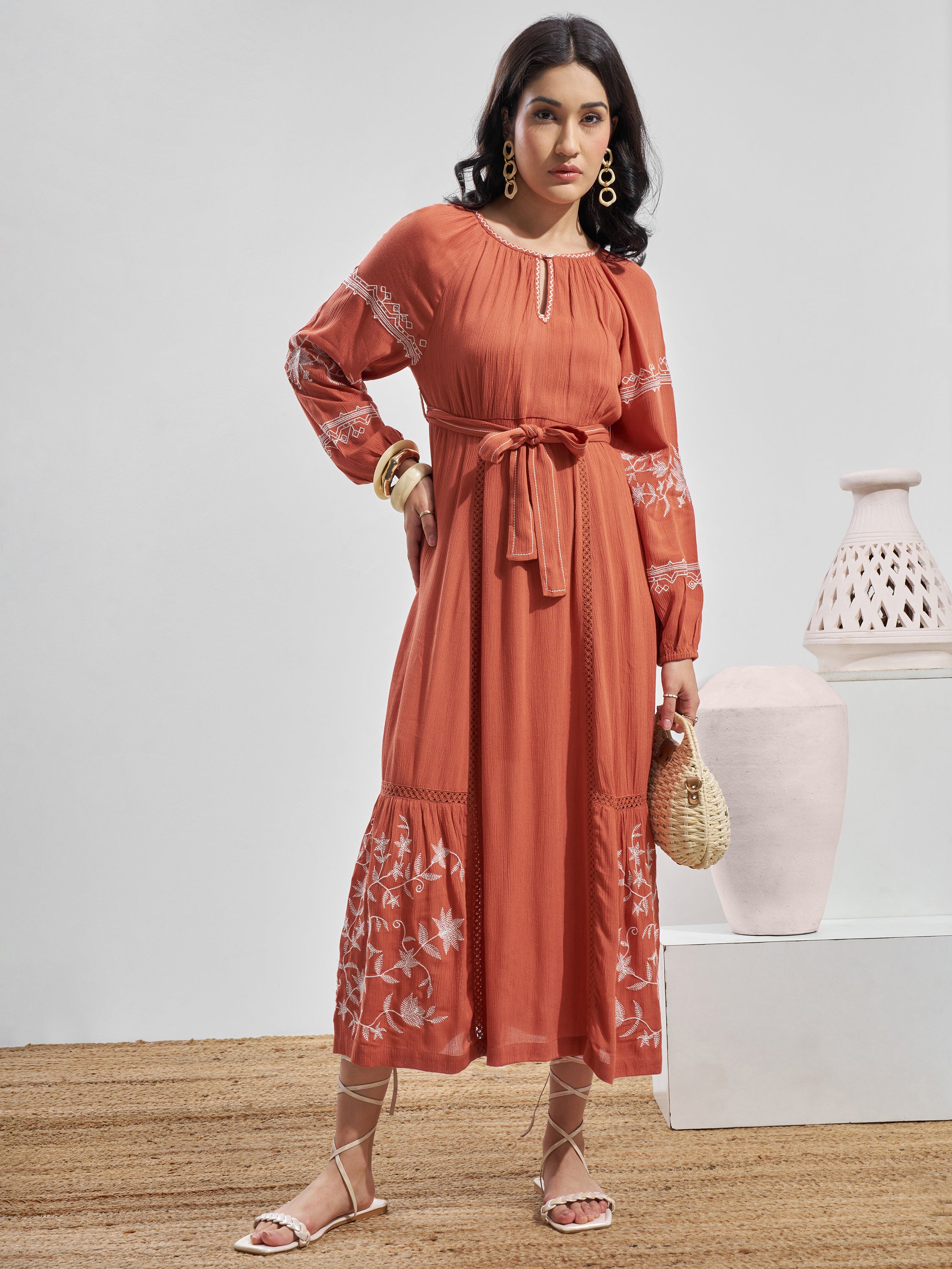 Vara By Vishudh Women Rust Embroidered Maxi Dress - Rust - Image 1