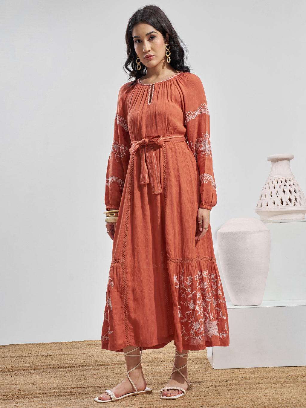 Vara By Vishudh Women Rust Embroidered Maxi Dress - Rust - Image 2