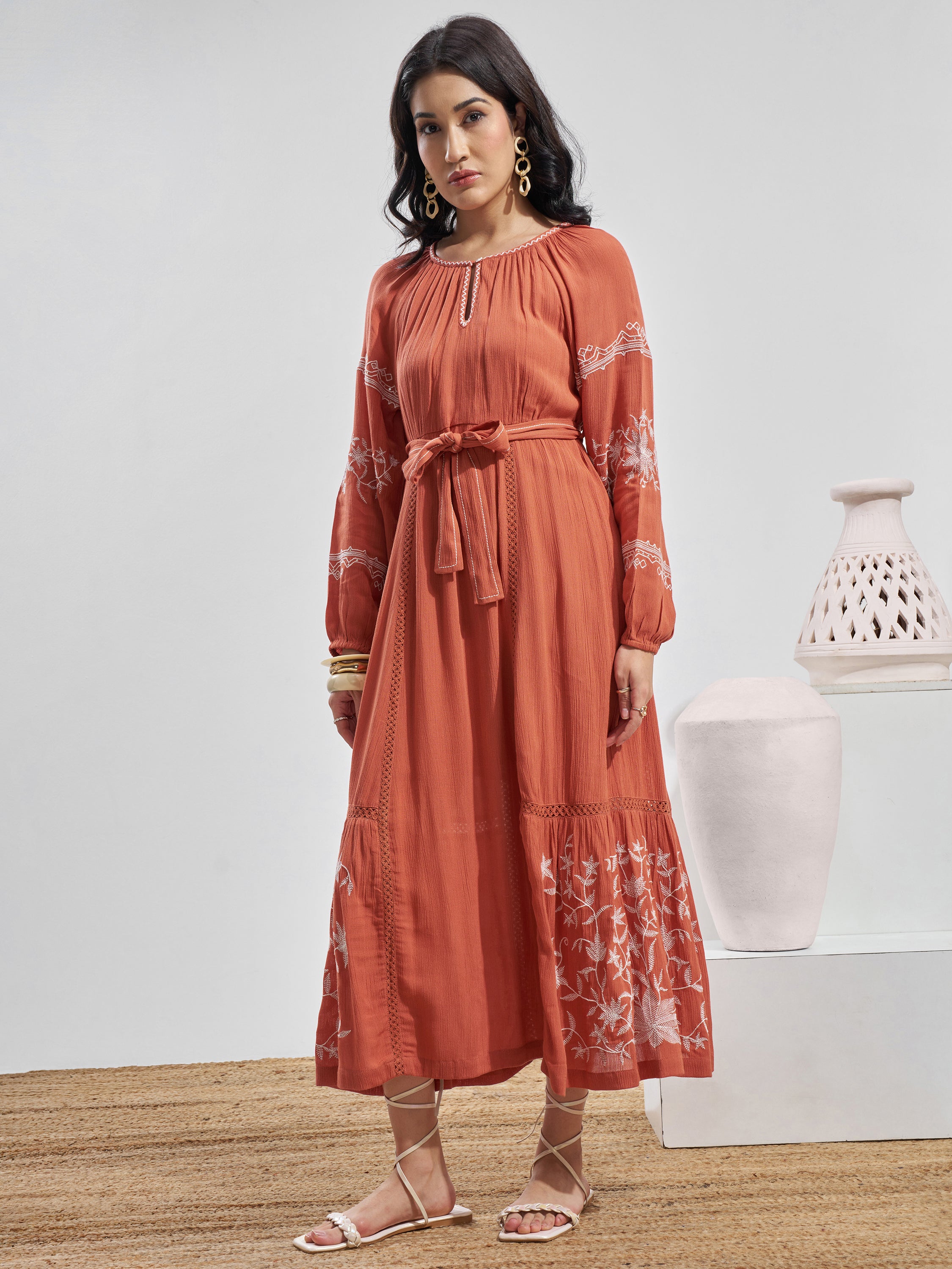 Vara By Vishudh Women Rust Embroidered Maxi Dress - Rust - Image 2