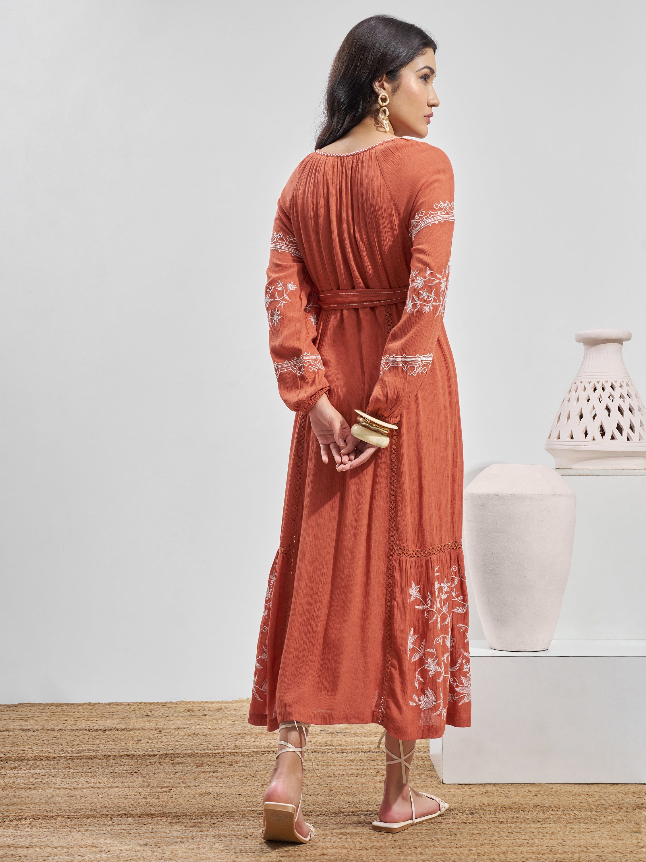 Vara By Vishudh Women Rust Embroidered Maxi Dress - Rust - Image 3