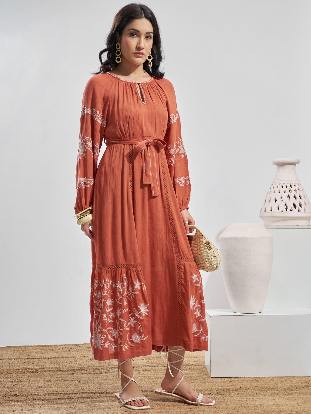 Vara By Vishudh Women Rust Embroidered Maxi Dress - Rust - Image 4