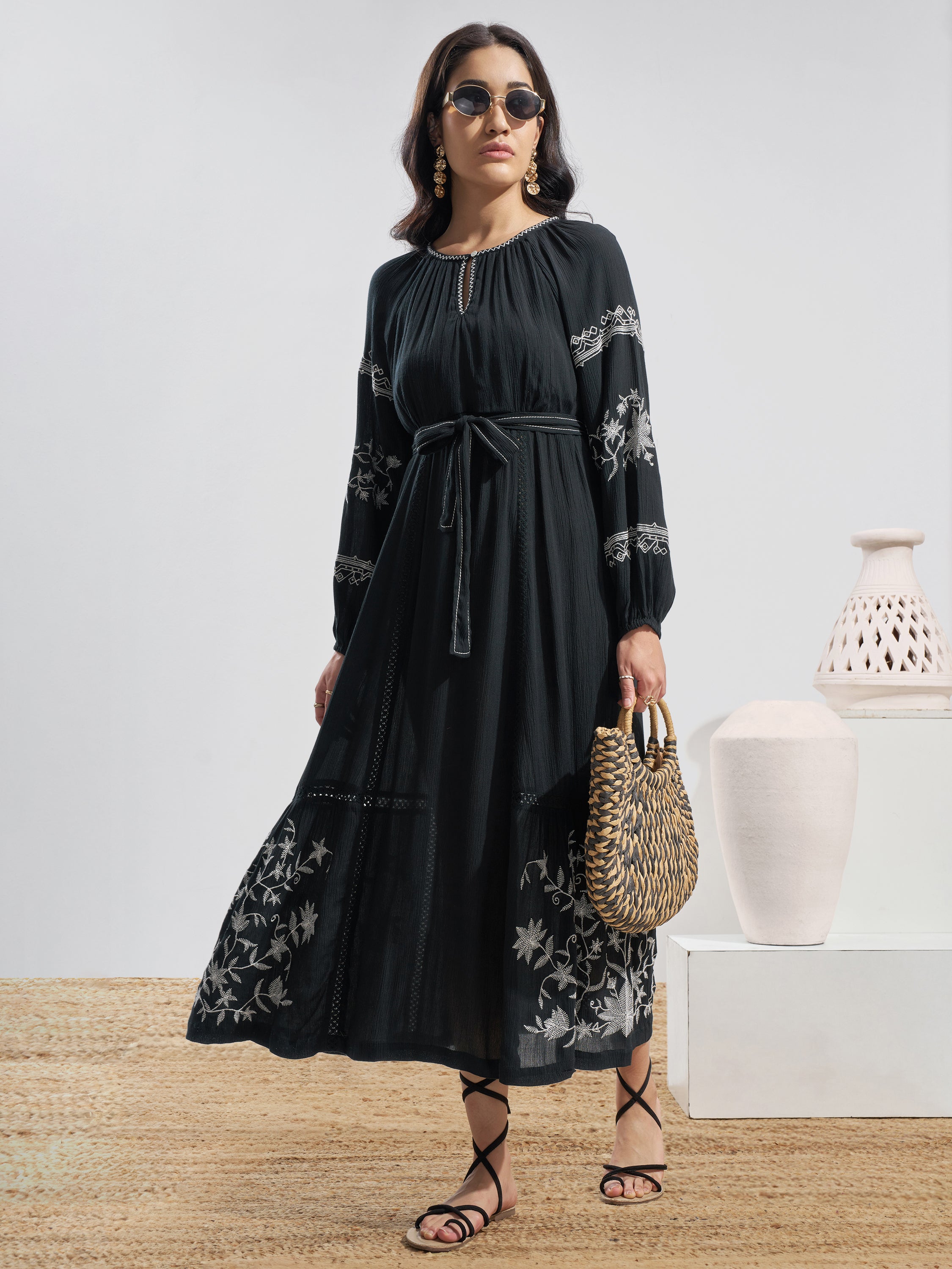Vara By Vishudh Women Black Embroidered Maxi Dress - Black - Image 1