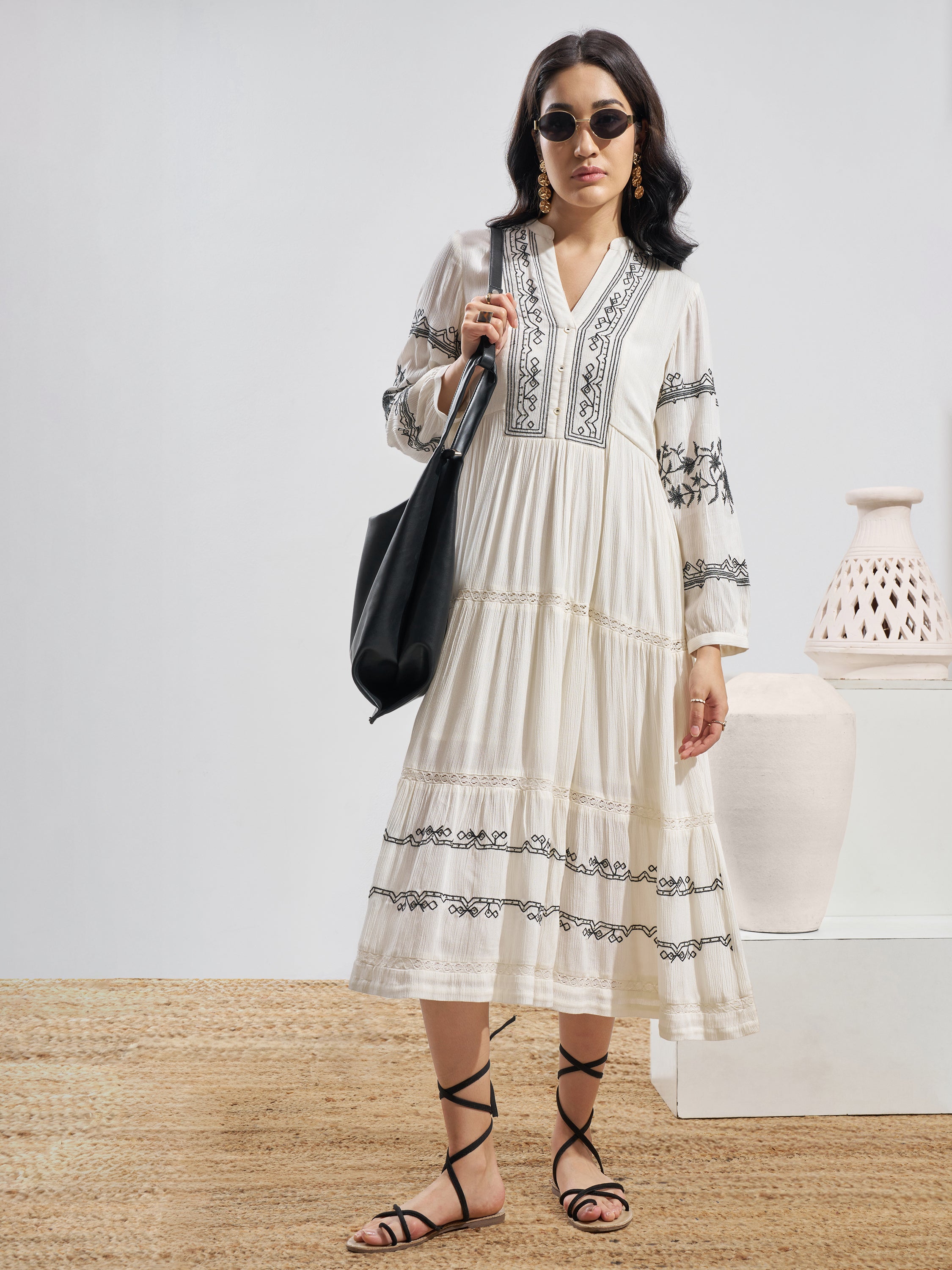 Vara By Vishudh Women Off White Embroidered Fit and Flare Dress - Off White - Image 1