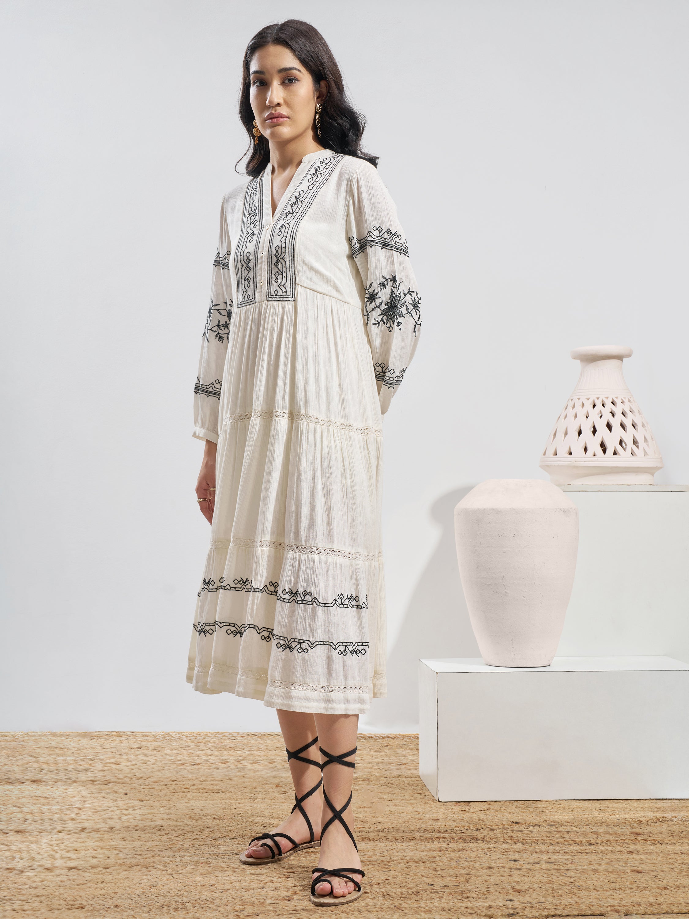 Vara By Vishudh Women Off White Embroidered Fit and Flare Dress - Off White - Image 2