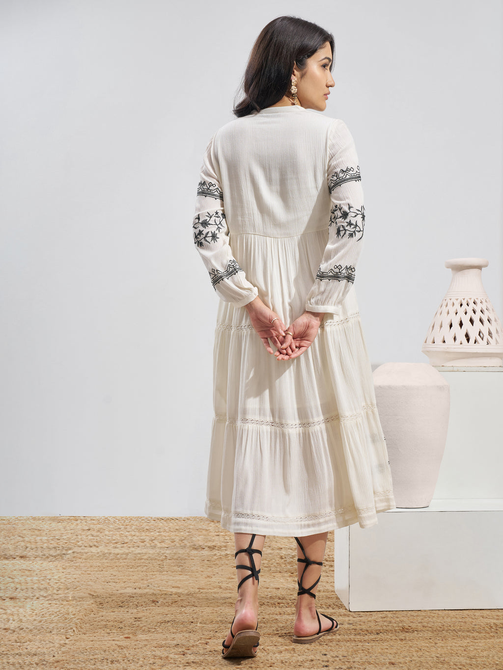 Vara By Vishudh Women Off White Embroidered Fit and Flare Dress - Off White - Image 3