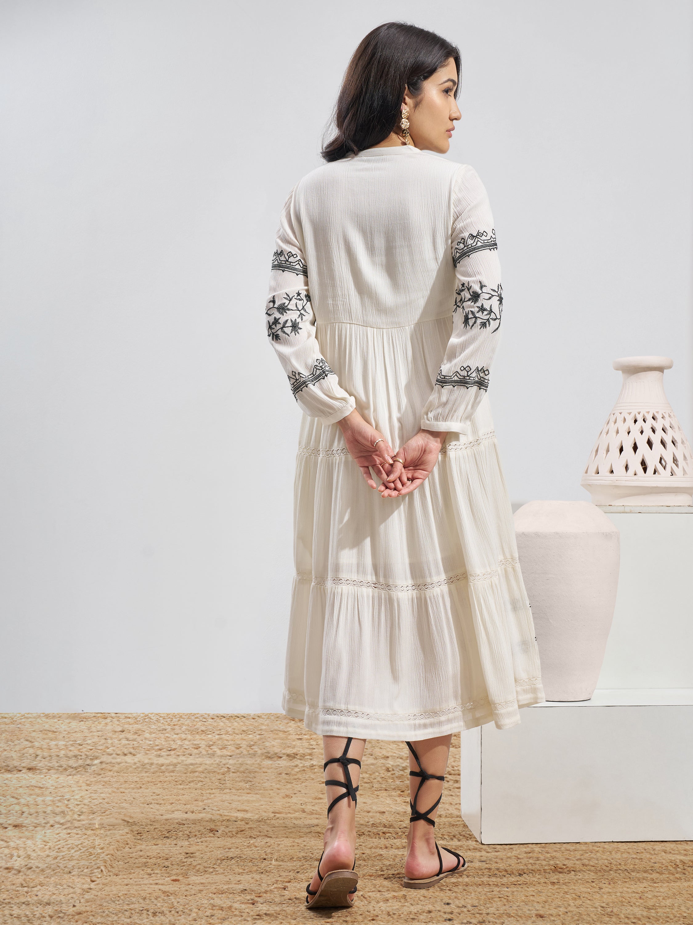 Vara By Vishudh Women Off White Embroidered Fit and Flare Dress - Off White - Image 3