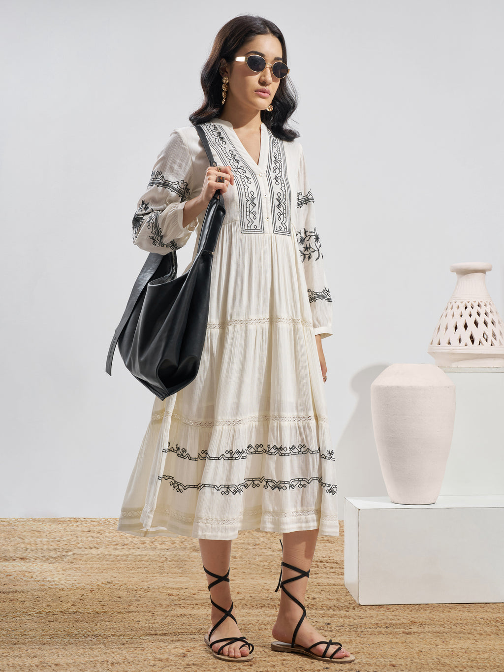 Vara By Vishudh Women Off White Embroidered Fit and Flare Dress - Off White - Image 4