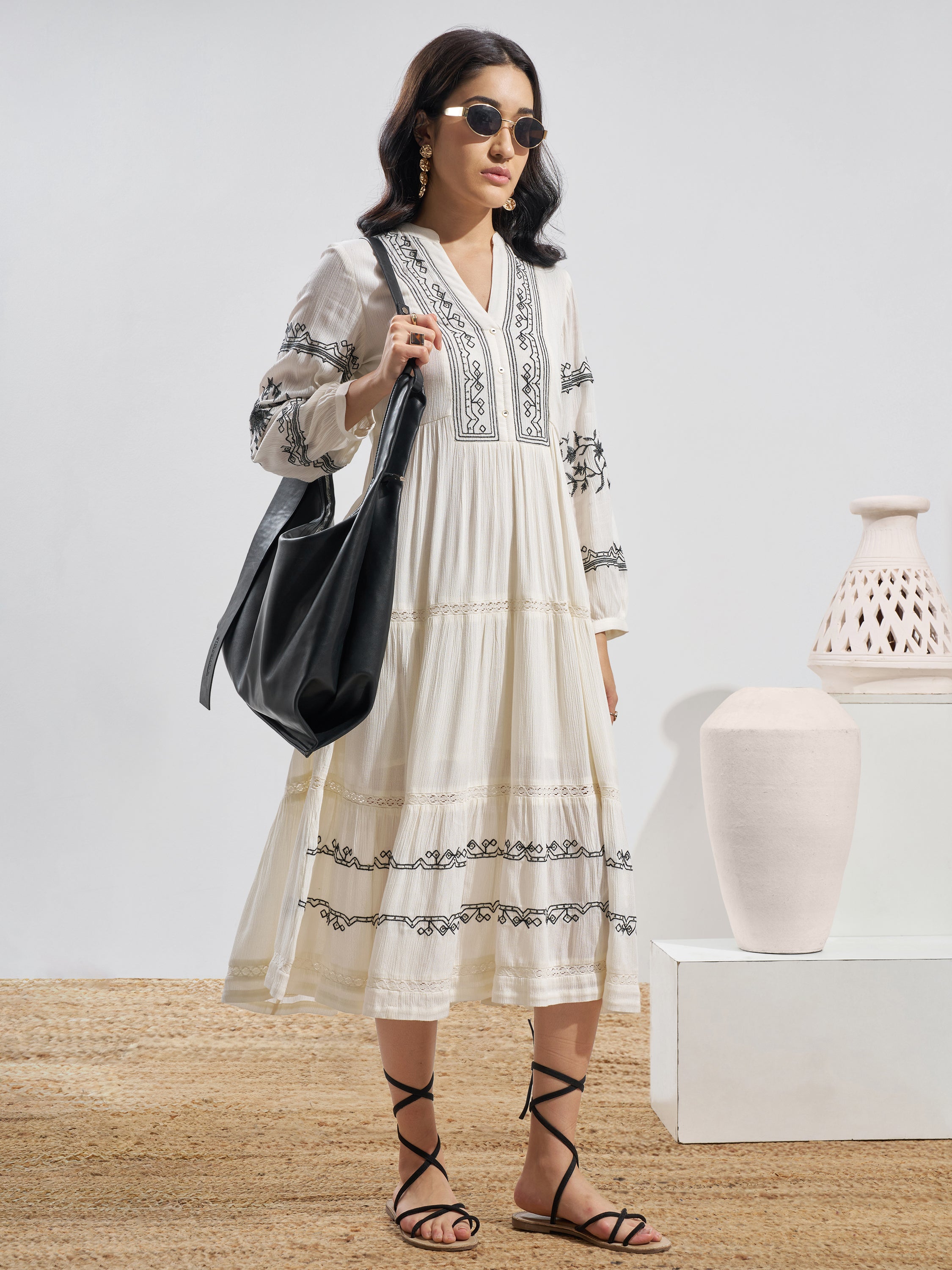 Vara By Vishudh Women Off White Embroidered Fit and Flare Dress - Off White - Image 4