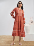 Vara By Vishudh Women Rust Embroidered Fit and Flare Dress - Rust - Image 1