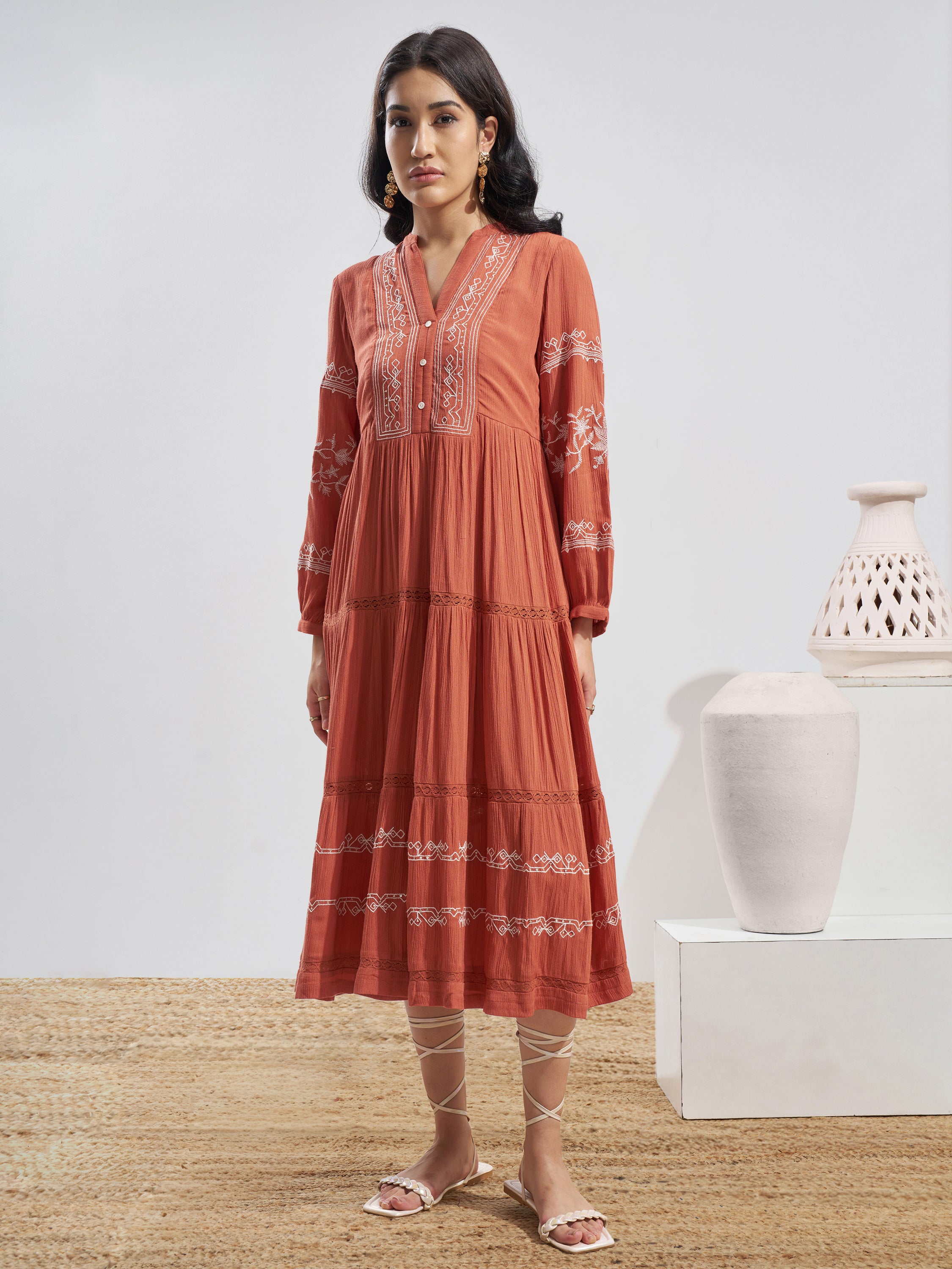 Vara By Vishudh Women Rust Embroidered Fit and Flare Dress - Rust - Image 2