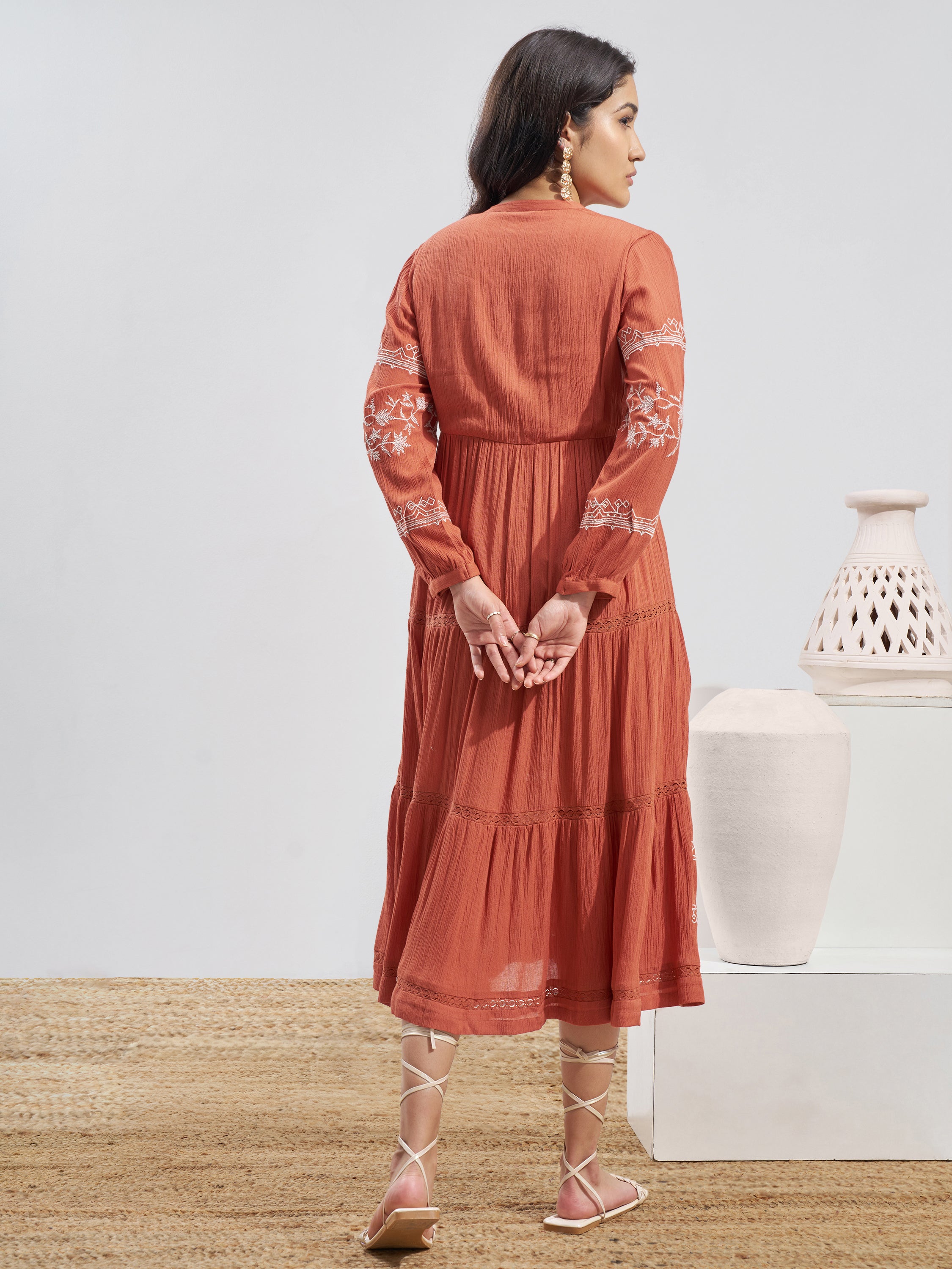 Vara By Vishudh Women Rust Embroidered Fit and Flare Dress - Rust - Image 3