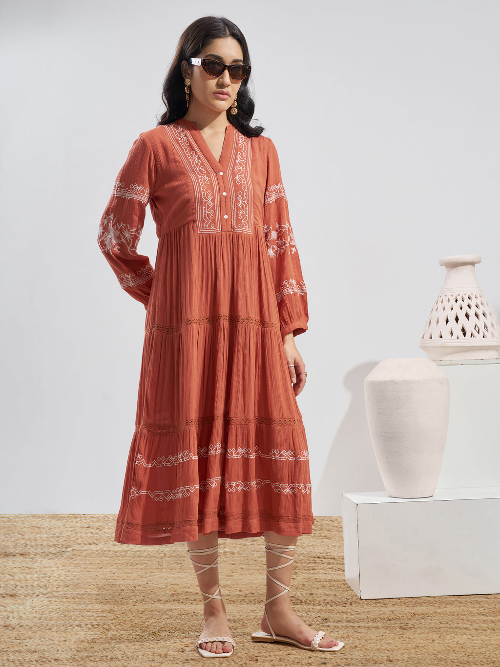 Vara By Vishudh Women Rust Embroidered Fit and Flare Dress - Rust - Image 4