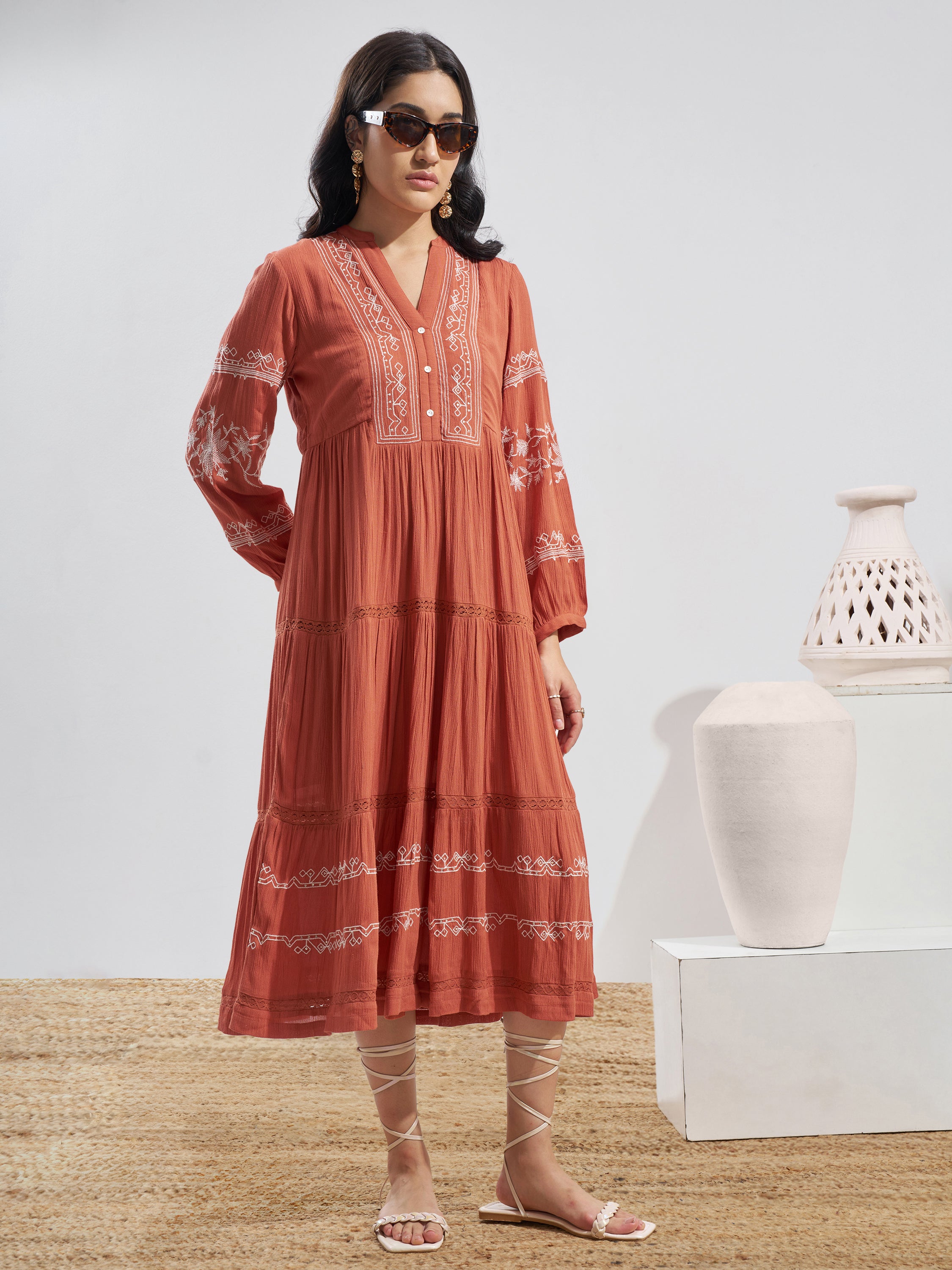 Vara By Vishudh Women Rust Embroidered Fit and Flare Dress - Rust - Image 4