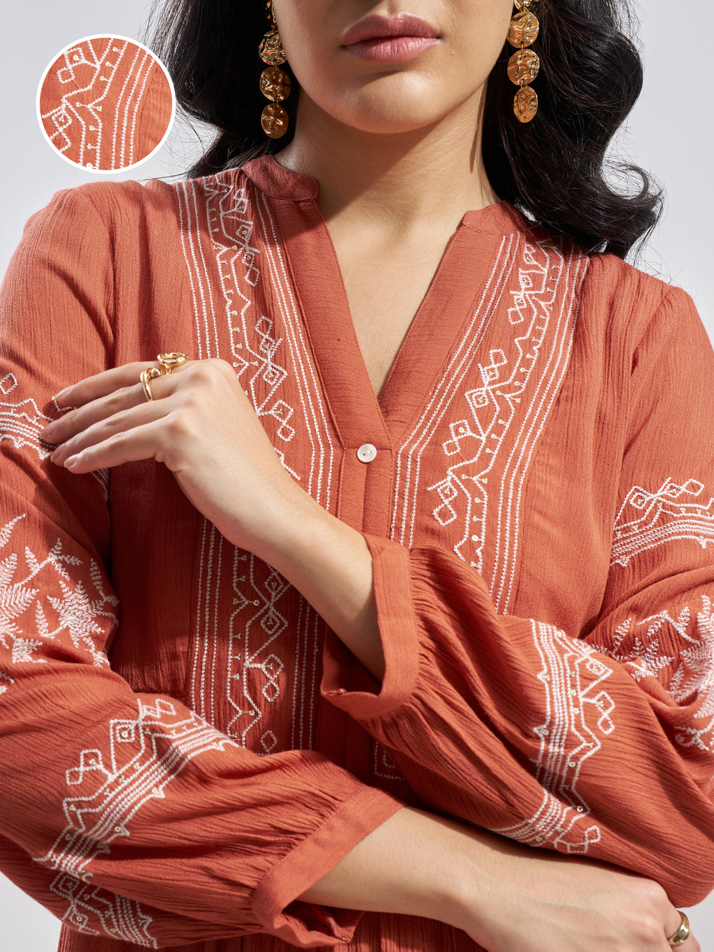Vara By Vishudh Women Rust Embroidered Fit and Flare Dress - Rust - Image 5