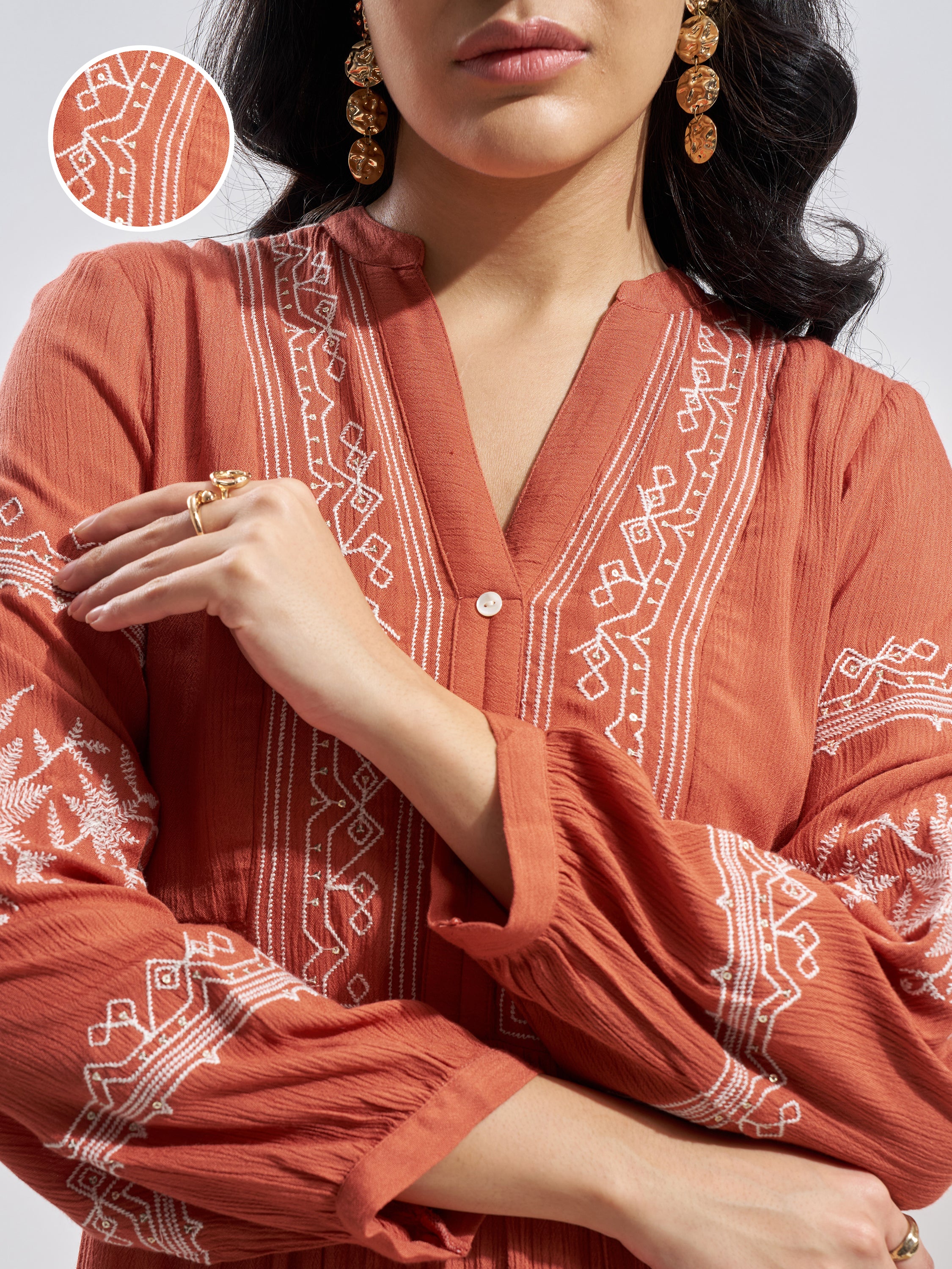Vara By Vishudh Women Rust Embroidered Fit and Flare Dress - Rust - Image 5