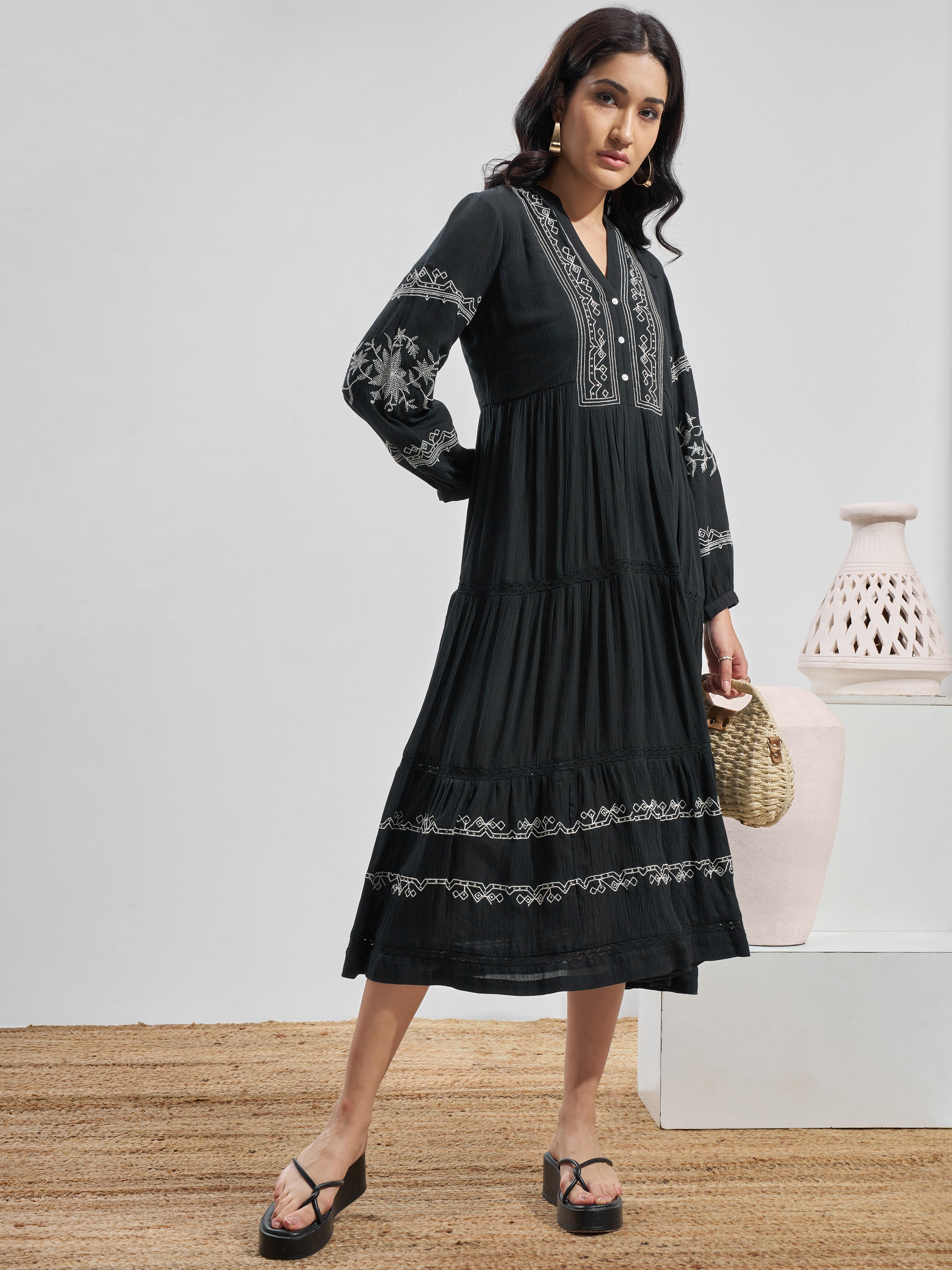 Vara By Vishudh Women Black Embroidered Fit and Flare Dress - Black - Image 1