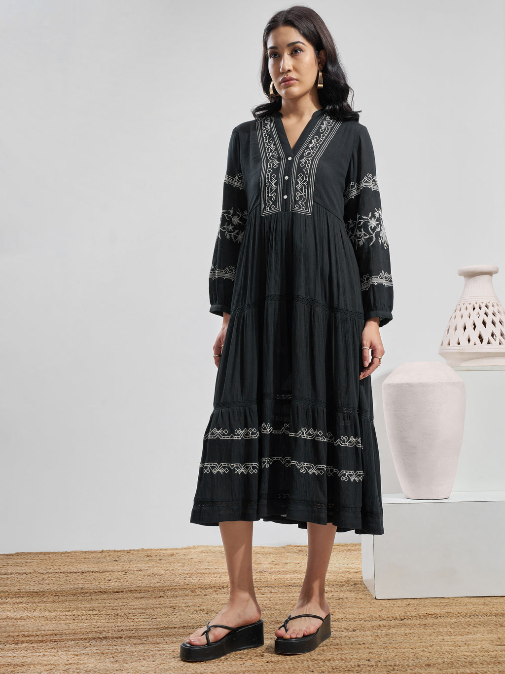 Vara By Vishudh Women Black Embroidered Fit and Flare Dress - Black - Image 2