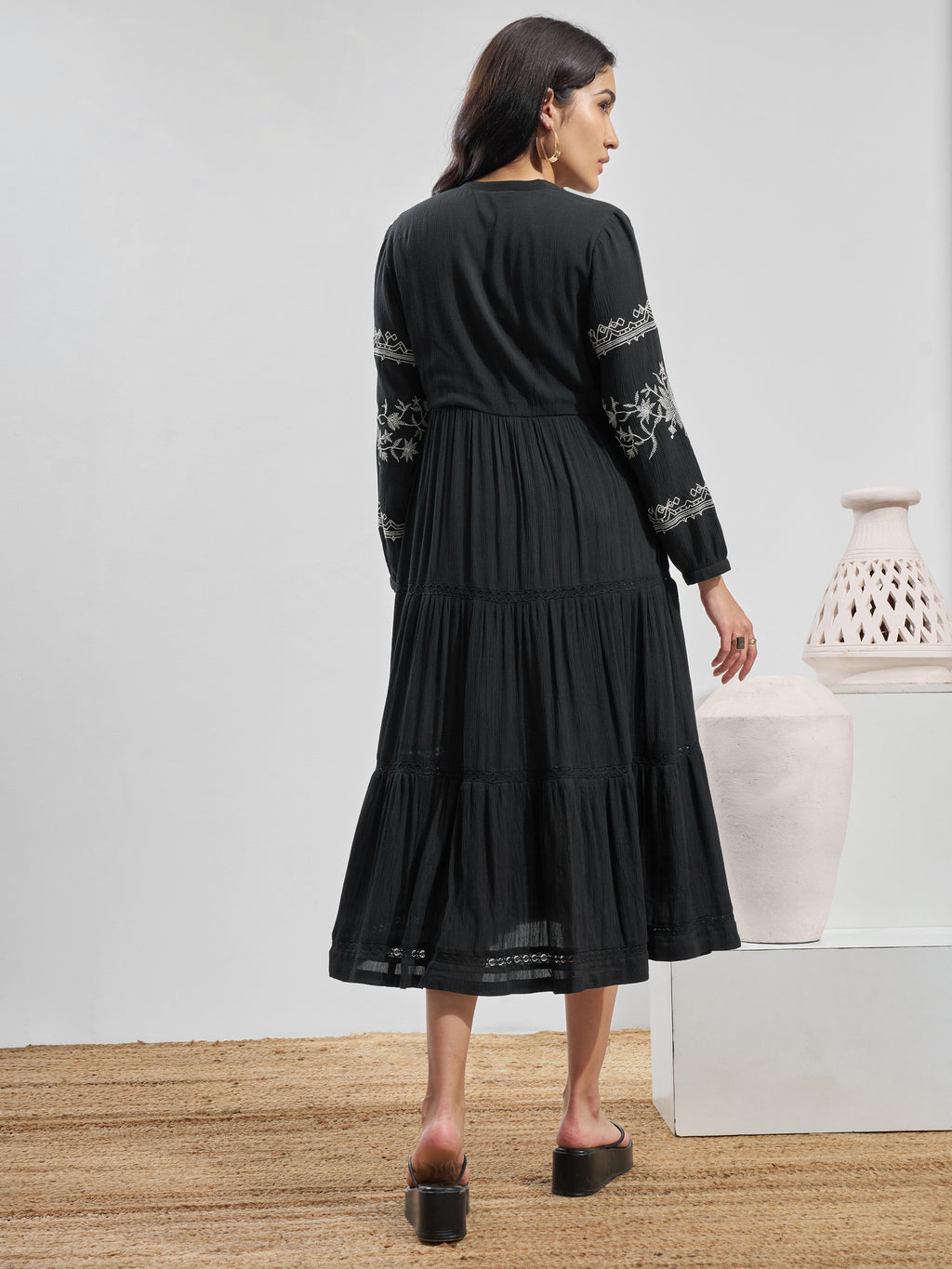 Vara By Vishudh Women Black Embroidered Fit and Flare Dress - Black - Image 3