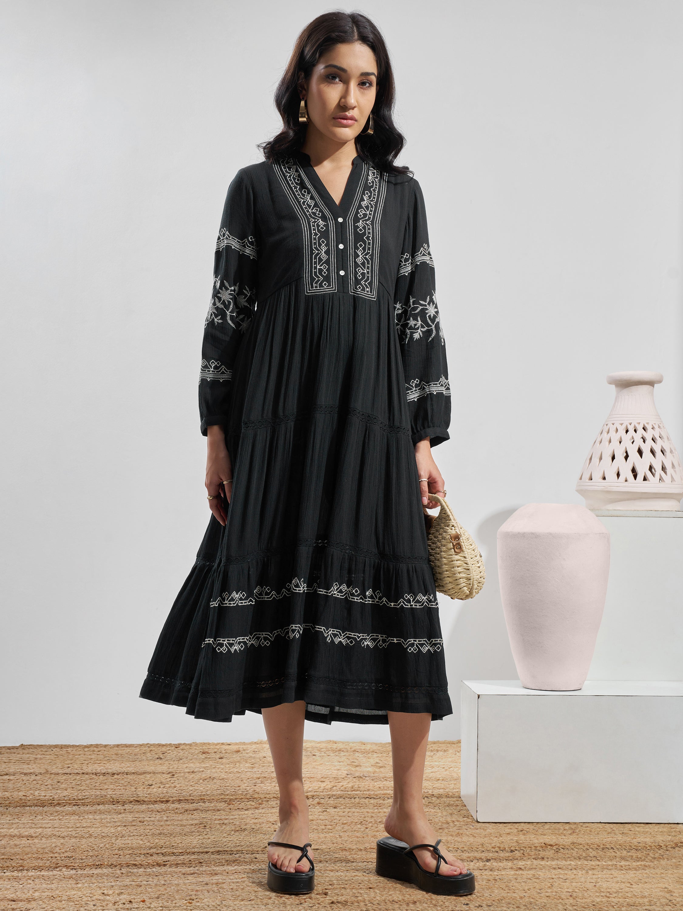 Vara By Vishudh Women Black Embroidered Fit and Flare Dress - Black - Image 4