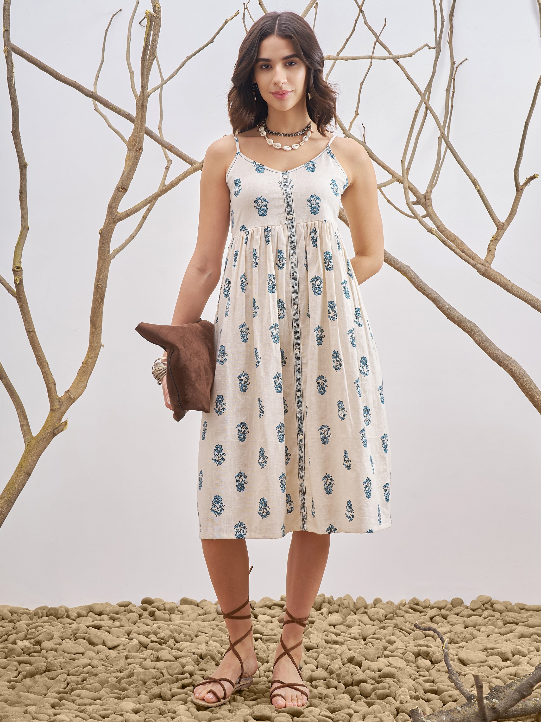 Vara By Vishudh Women Off White Printed Fit and Flare Dress - Off White - Image 1