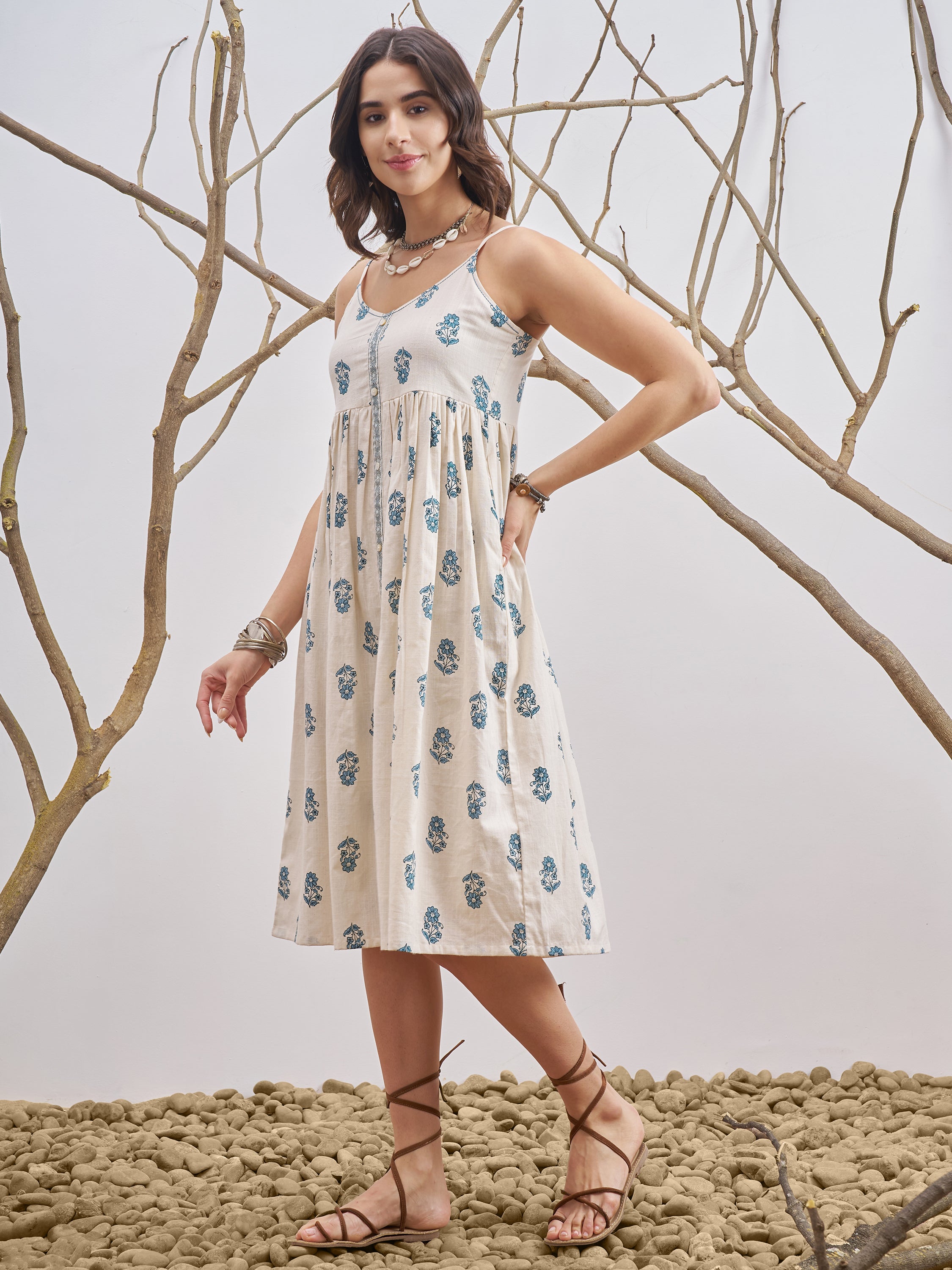 Vara By Vishudh Women Off White Printed Fit and Flare Dress - Off White - Image 2