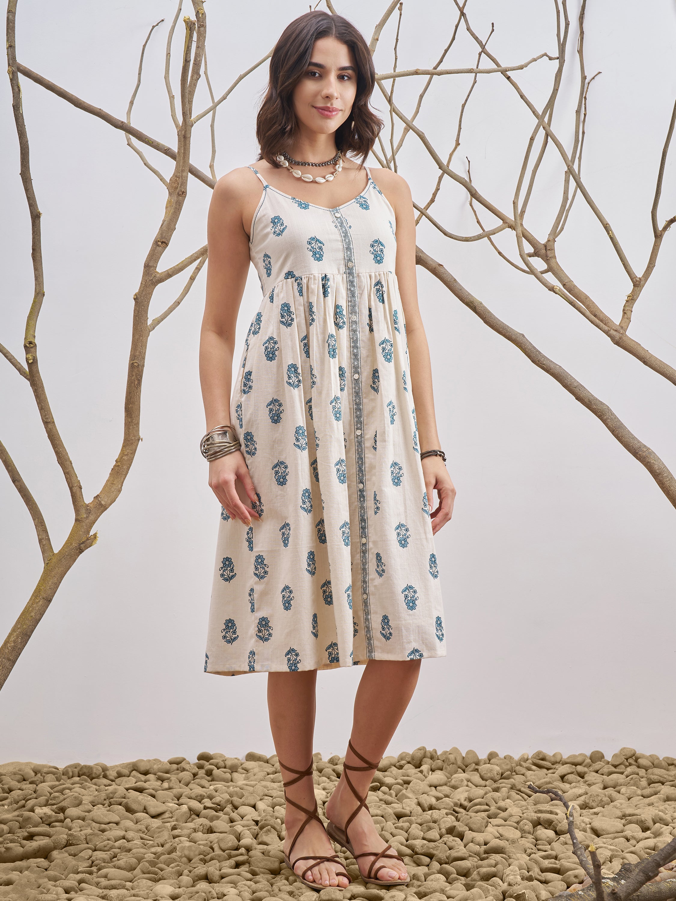 Vara By Vishudh Women Off White Printed Fit and Flare Dress - Off White - Image 4
