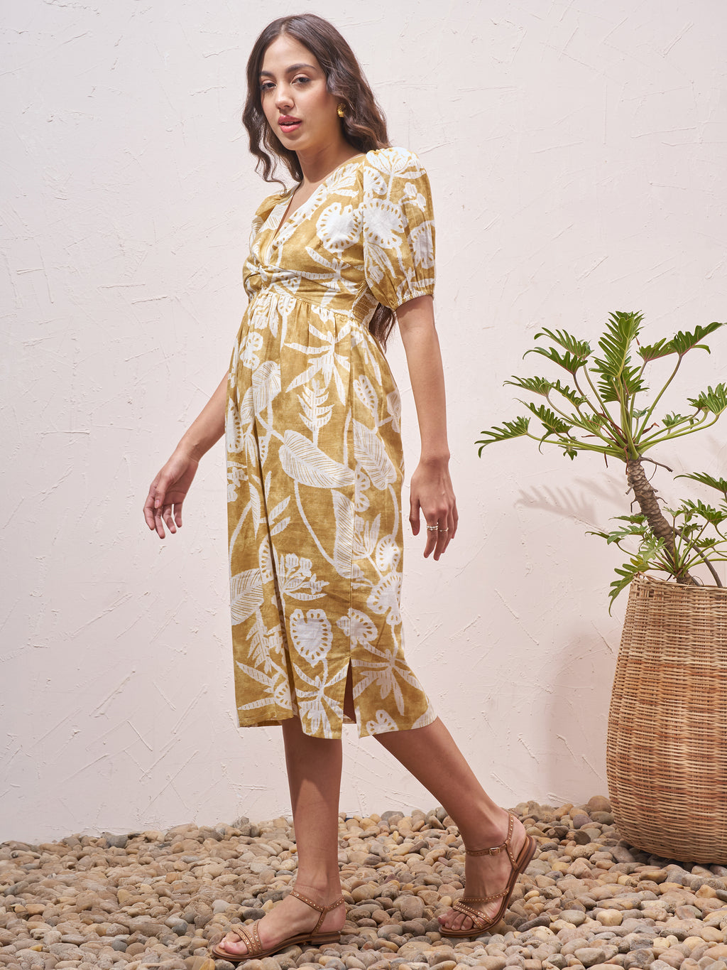 Vara By Vishudh Women Mustard Printed Fit and Flare Dress - Mustard - Image 2
