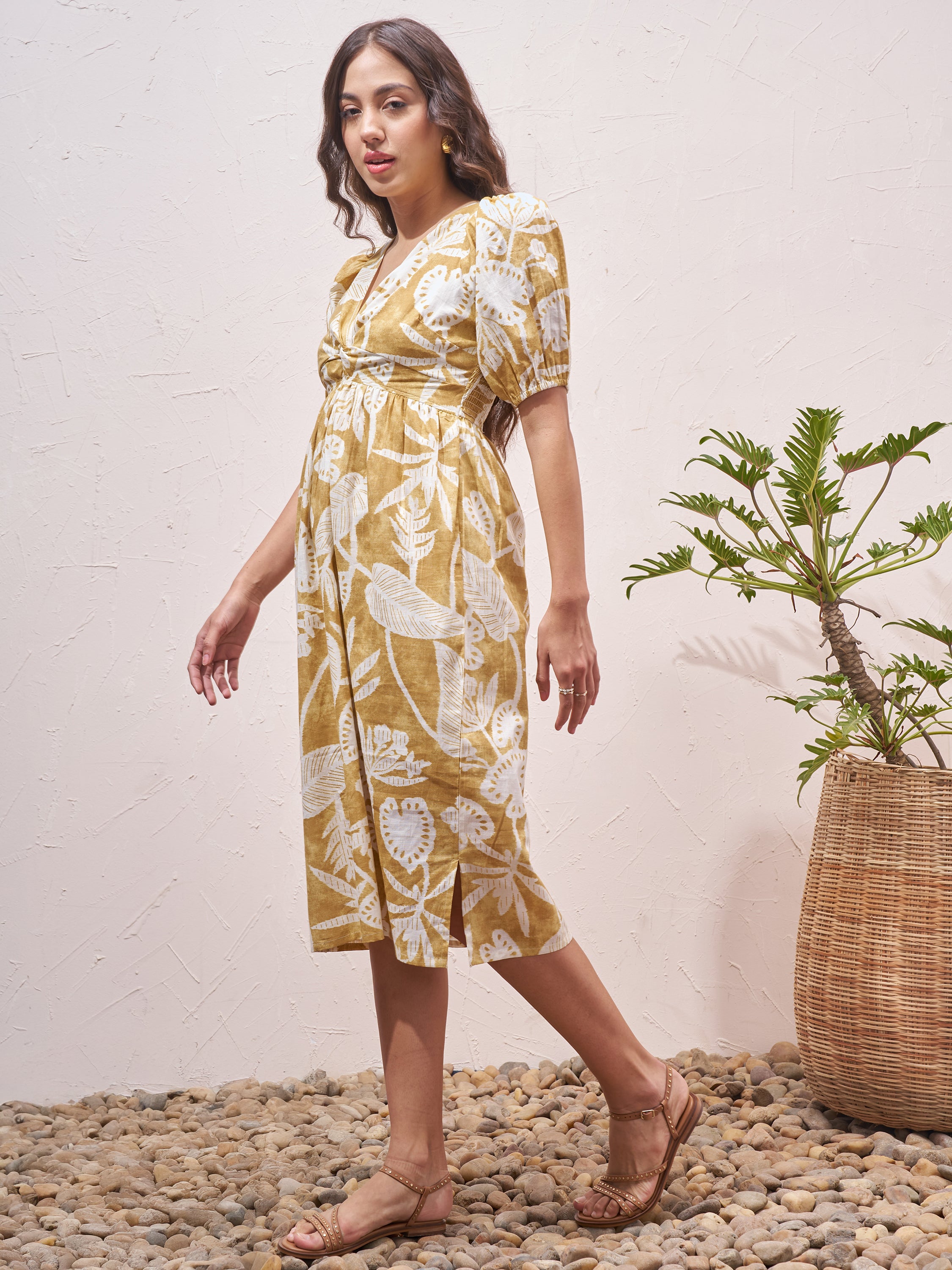 Vara By Vishudh Women Mustard Printed Fit and Flare Dress - Mustard - Image 2