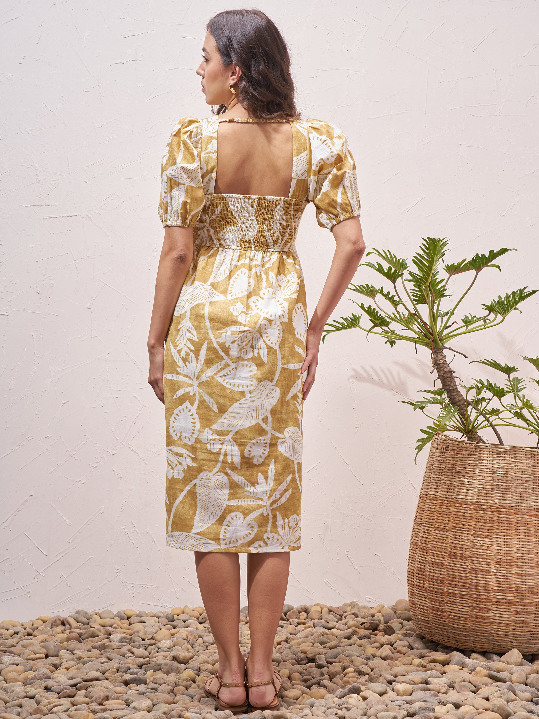 Vara By Vishudh Women Mustard Printed Fit and Flare Dress - Mustard - Image 3