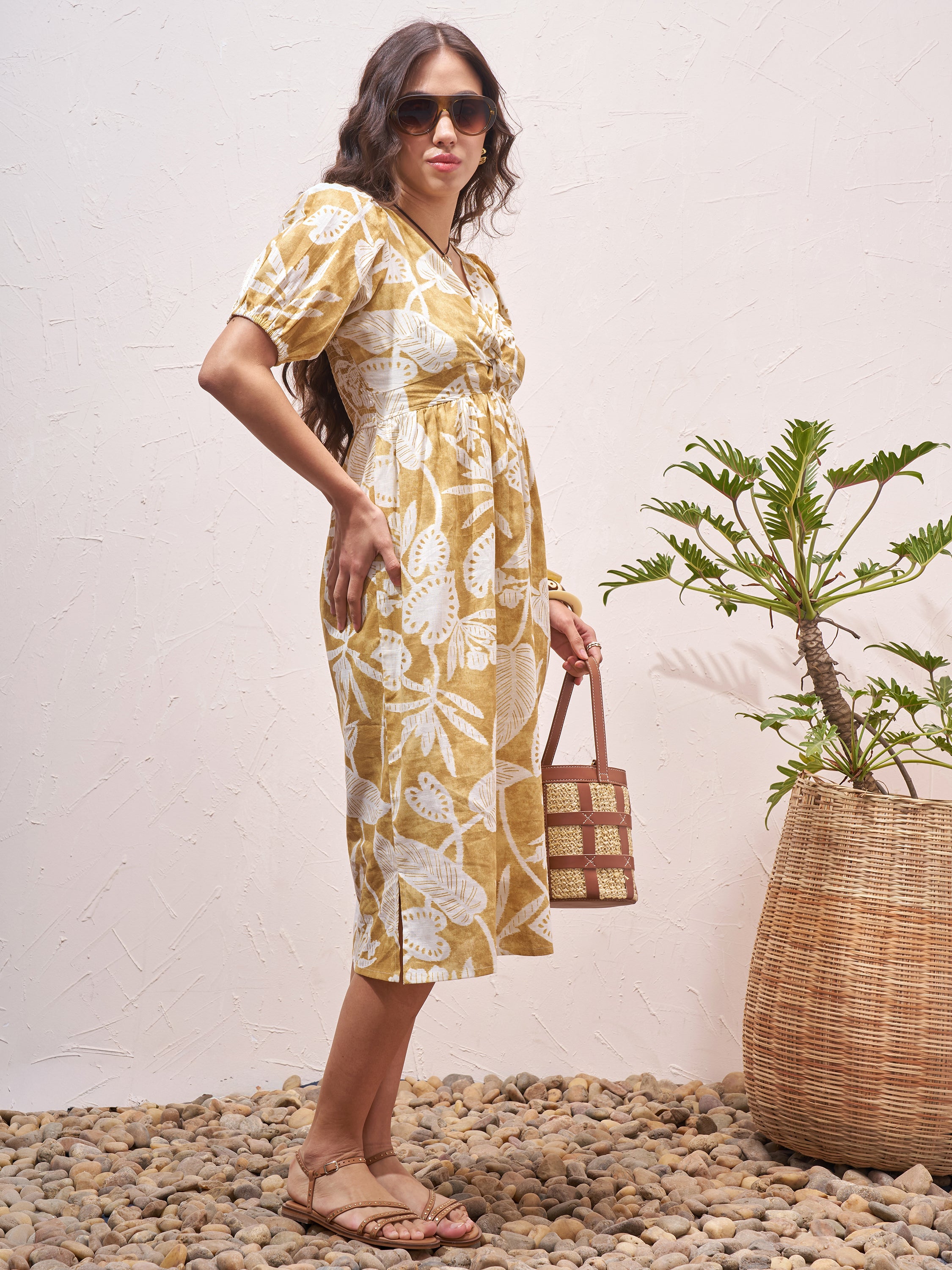 Vara By Vishudh Women Mustard Printed Fit and Flare Dress - Mustard - Image 4