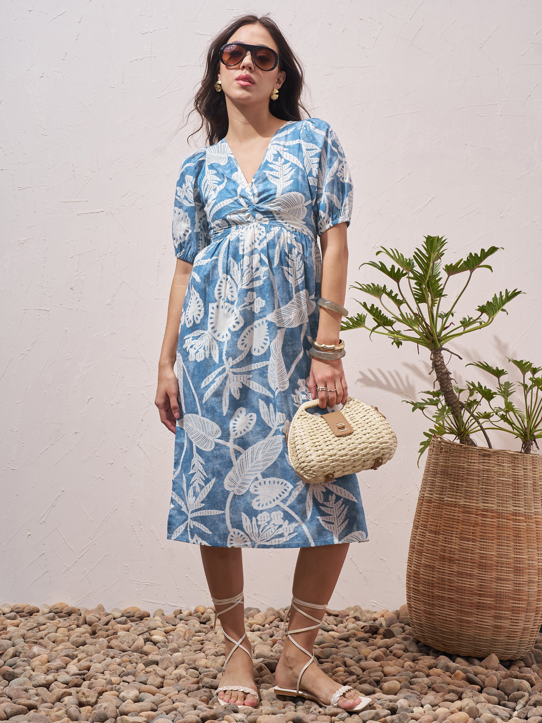 Vara By Vishudh Women Blue Printed Fit and Flare Dress - Blue - Image 1