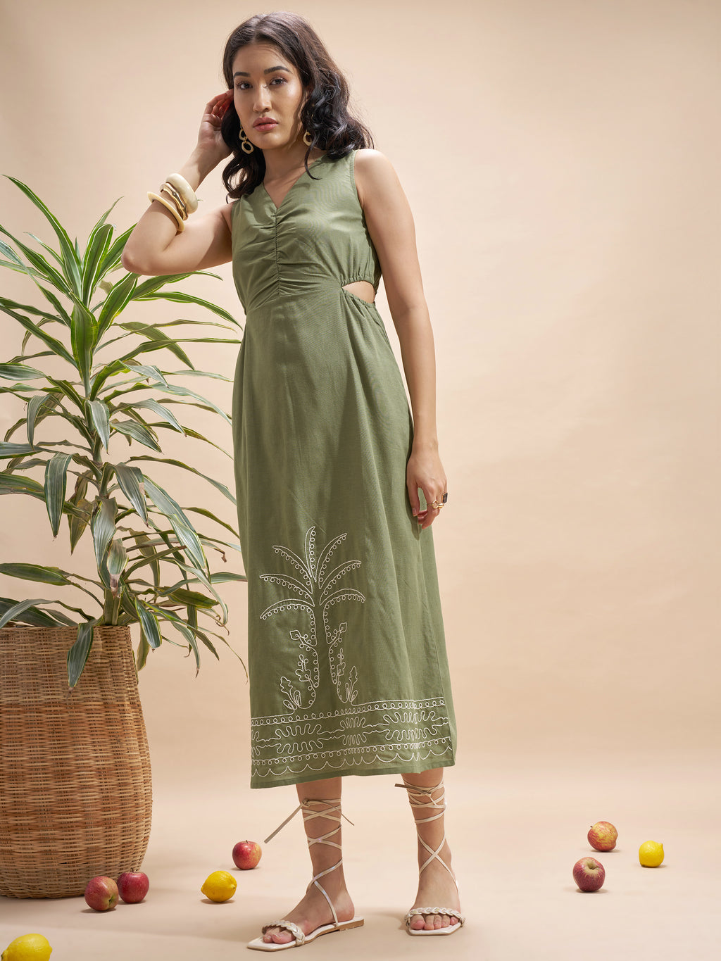 Vara By Vishudh Women Olive Embroidered Maxi Dress - Olive - Image 2