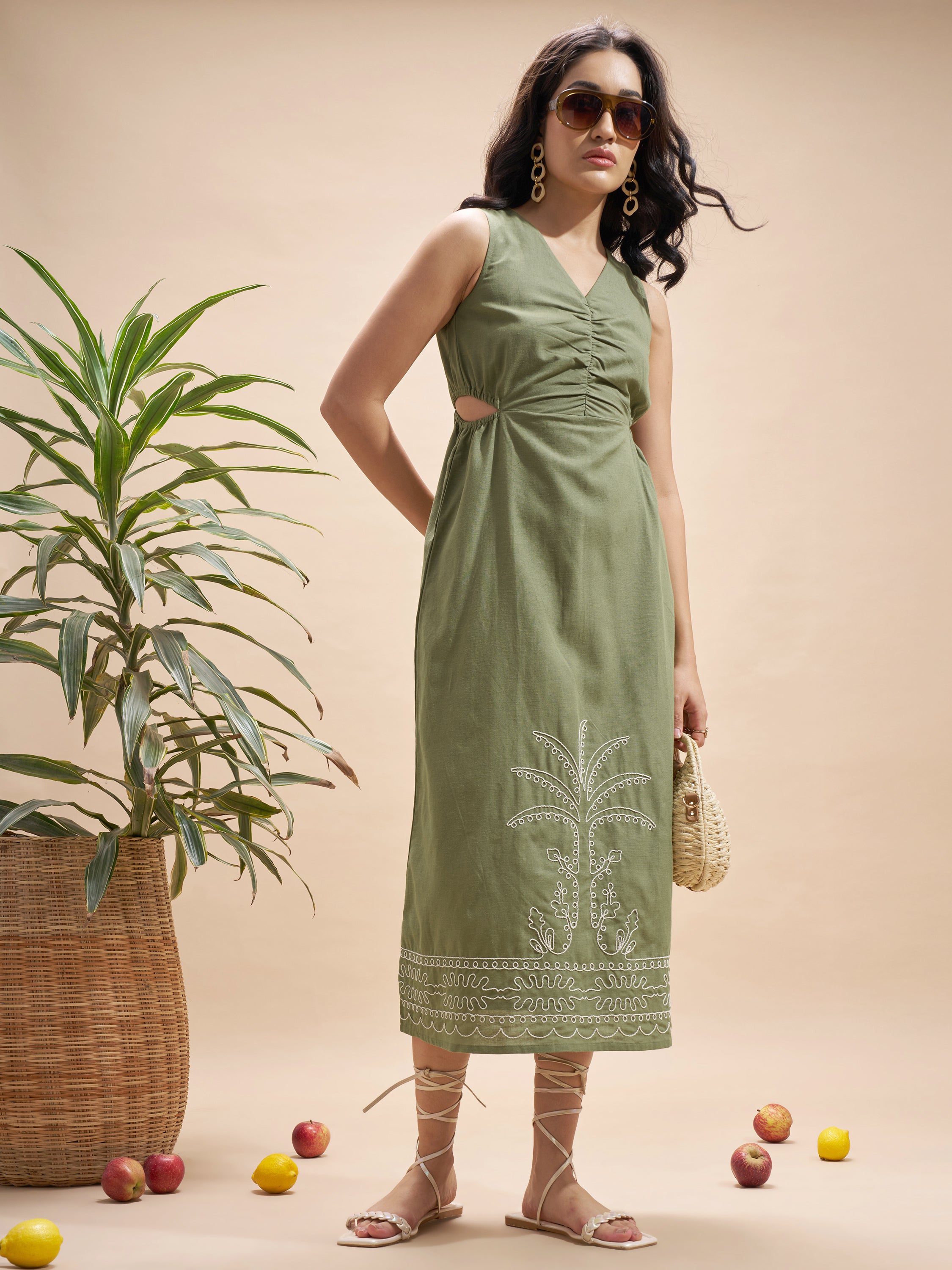 Vara By Vishudh Women Olive Embroidered Maxi Dress - Olive - Image 4